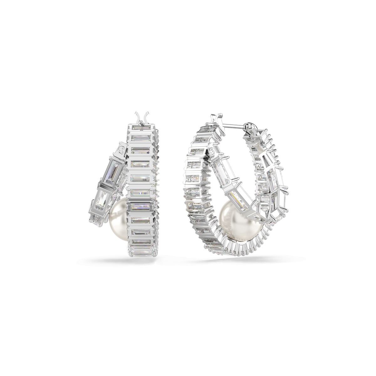 A pair of Swarovski Ariana Grande x Swarovski hoop earrings in rhodium-plated white, featuring baguette-cut crystal pearls set along the entire surface, displayed on a white background.