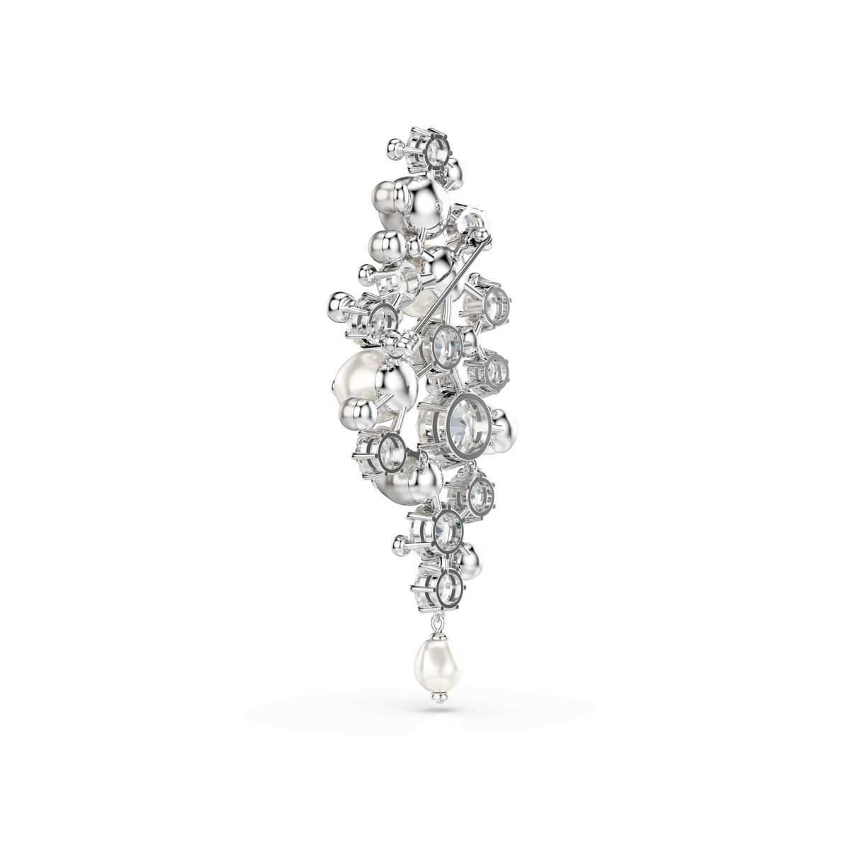 The Swarovski Constella brooch features a lustrous round crystal pearl, complemented by dazzling round-cut crystals and finished with elegant rhodium plating, all showcased against a plain white background.