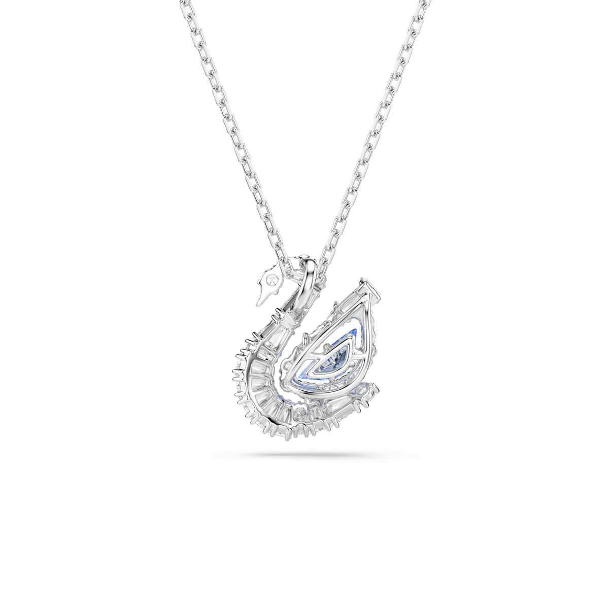 A Swarovski Swan pendant necklace featuring a swan-shaped design with mixed cut blue Swarovski Zirconia gemstones, displayed on a plain white background.