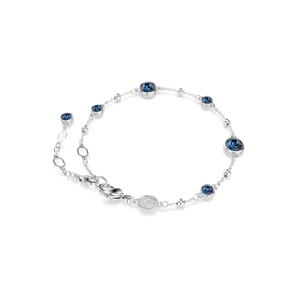 The Swarovski Imber bracelet features round-cut blue gemstones set in rhodium-plated metal, with a lobster clasp and adjustable chain, displayed on a white background.