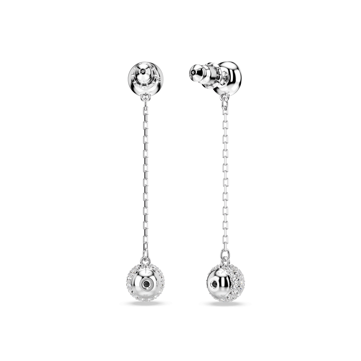 A pair of Swarovski Una Angelic drop earrings in rhodium-plated silver, featuring a delicate chain with a small silver ball and a ring of round-cut white crystals at the end, displayed on a plain white background.