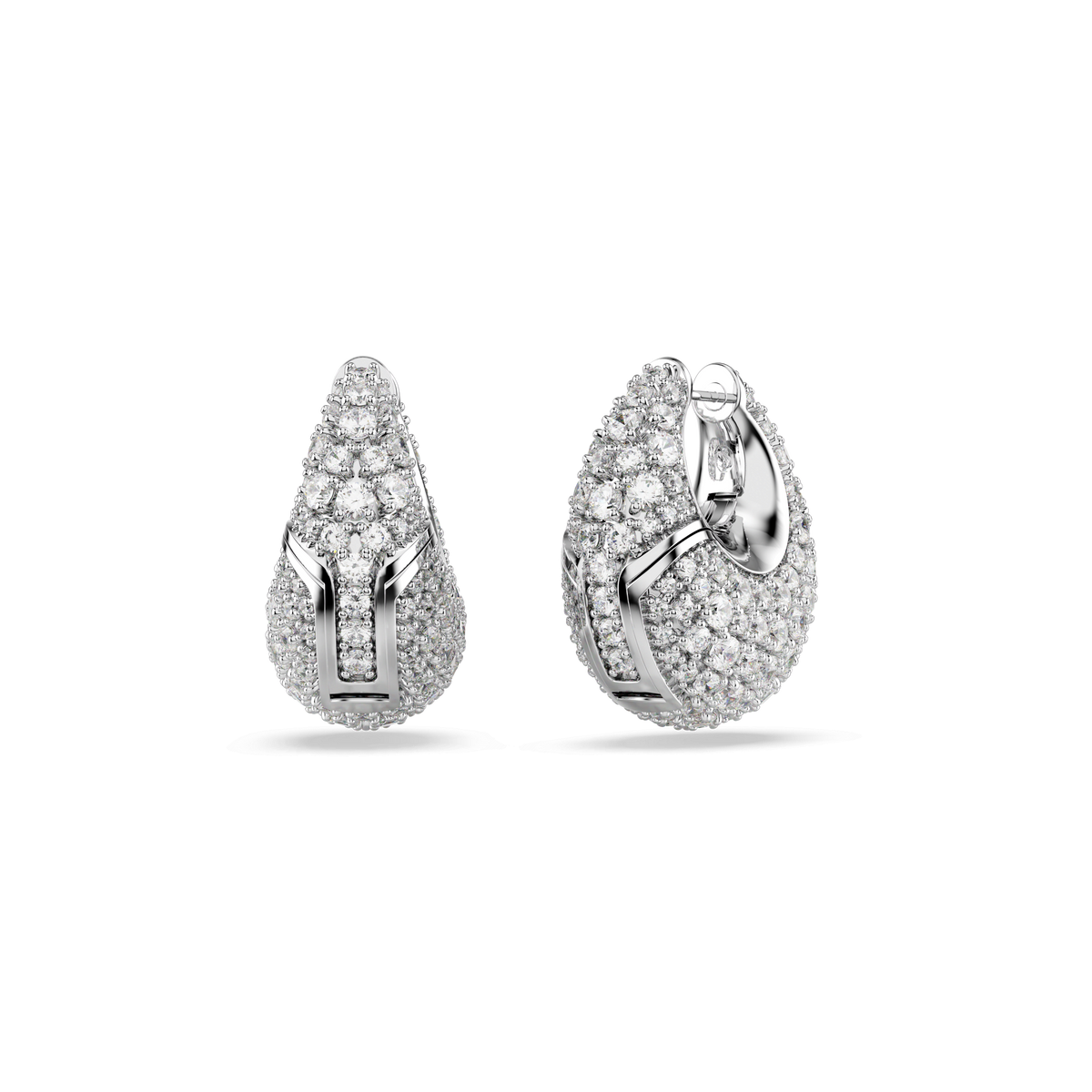 A pair of Swarovski Sublima Earrings PE L CRY/RHS by Swarovski, featuring teardrop shapes encrusted with small, sparkling white stones, displayed against a plain white background.