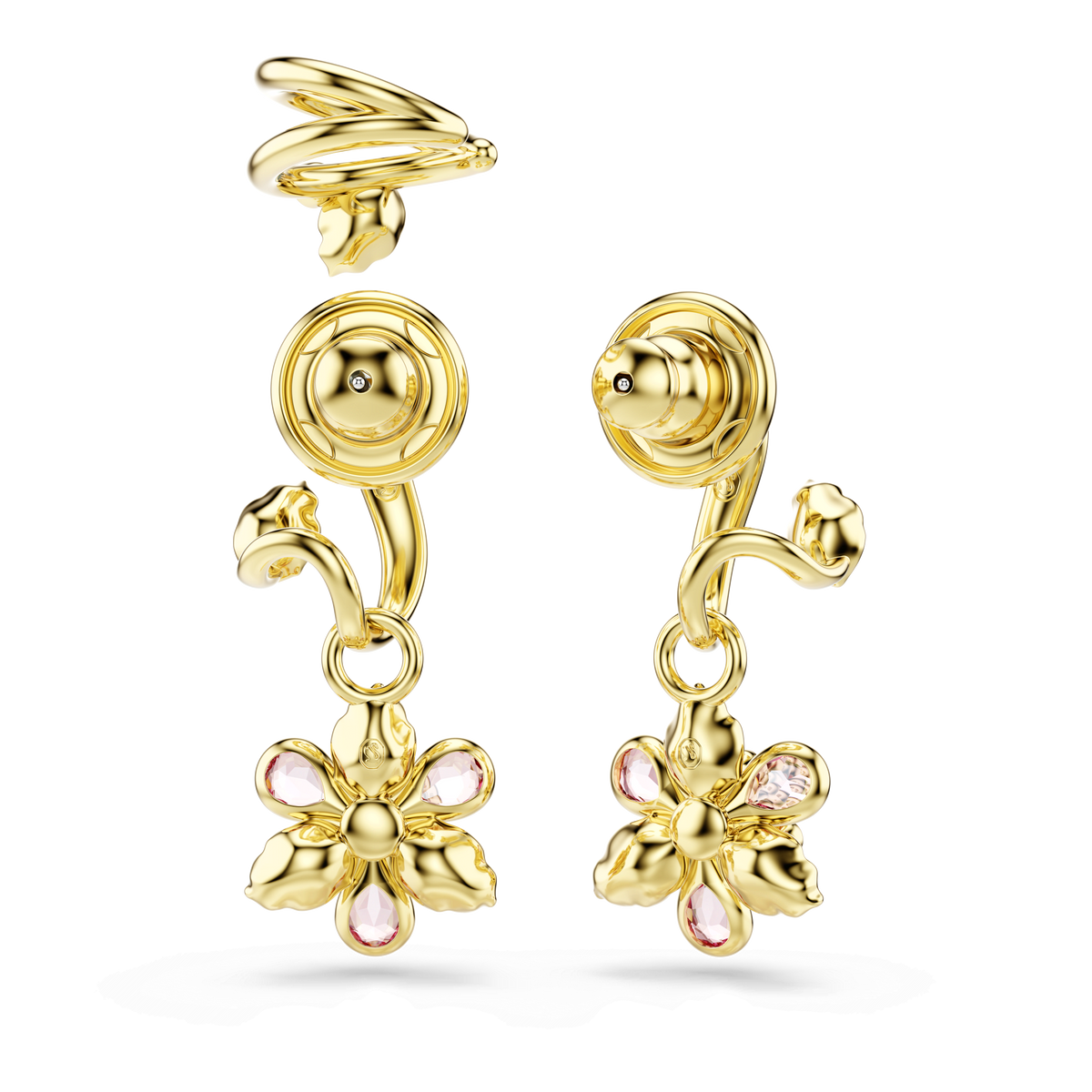 Swarovski Idyllia Gold-Tone Plated Earrings from Swarovski feature a floral design with five delicately petaled blooms, each accented by light pink gemstones. Their intricately curved structure and lustrous finish make these earrings an elegant choice from Swarovski Canada.