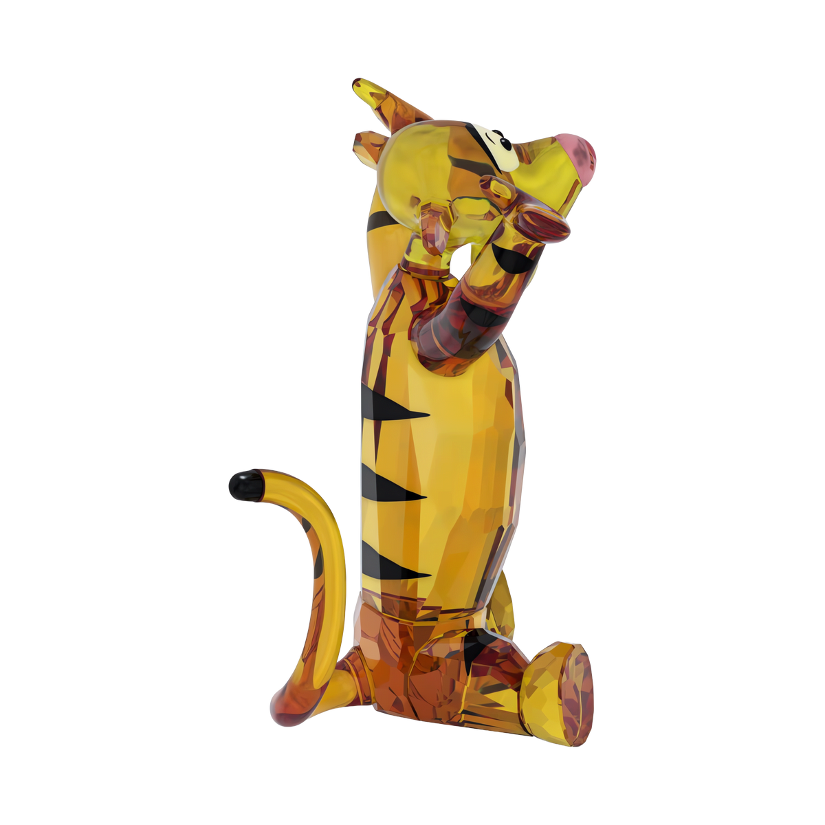 Crafted by Swarovski, the Winnie The Pooh Tigger figurine features a faceted glass design of the beloved cartoon tiger standing upright with arms raised, showcasing vivid orange and black stripes, a pink nose, and a playful expression—making it a charming Disney crystal gift.
