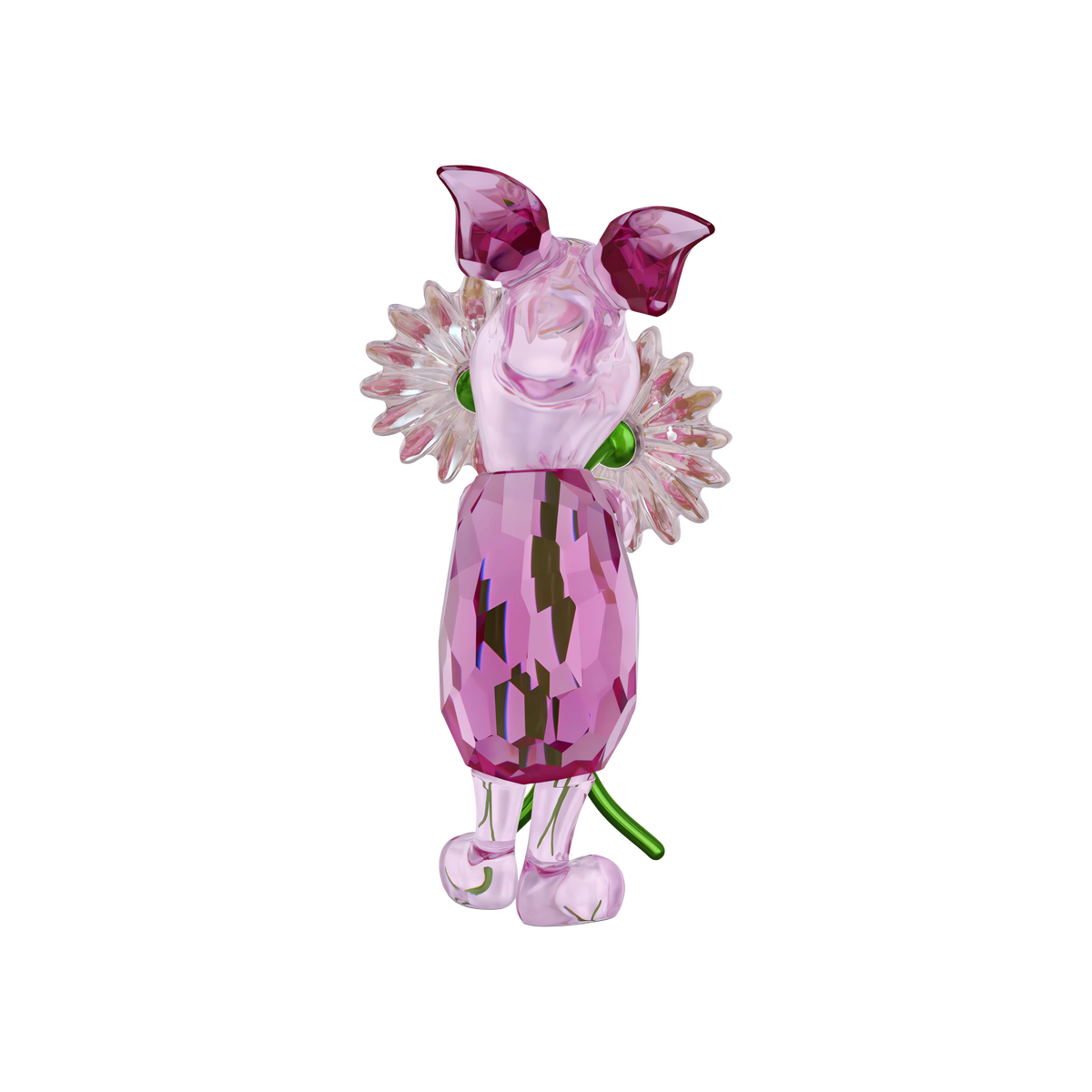 A faceted pink crystal figurine from Swarovski, the “Winnie The Pooh Piglet,” features green eyes and large, flower-like ears. Standing upright against a white background, this sparkling piece captures light beautifully, reflecting the beloved character Piglet in exquisite detail.
