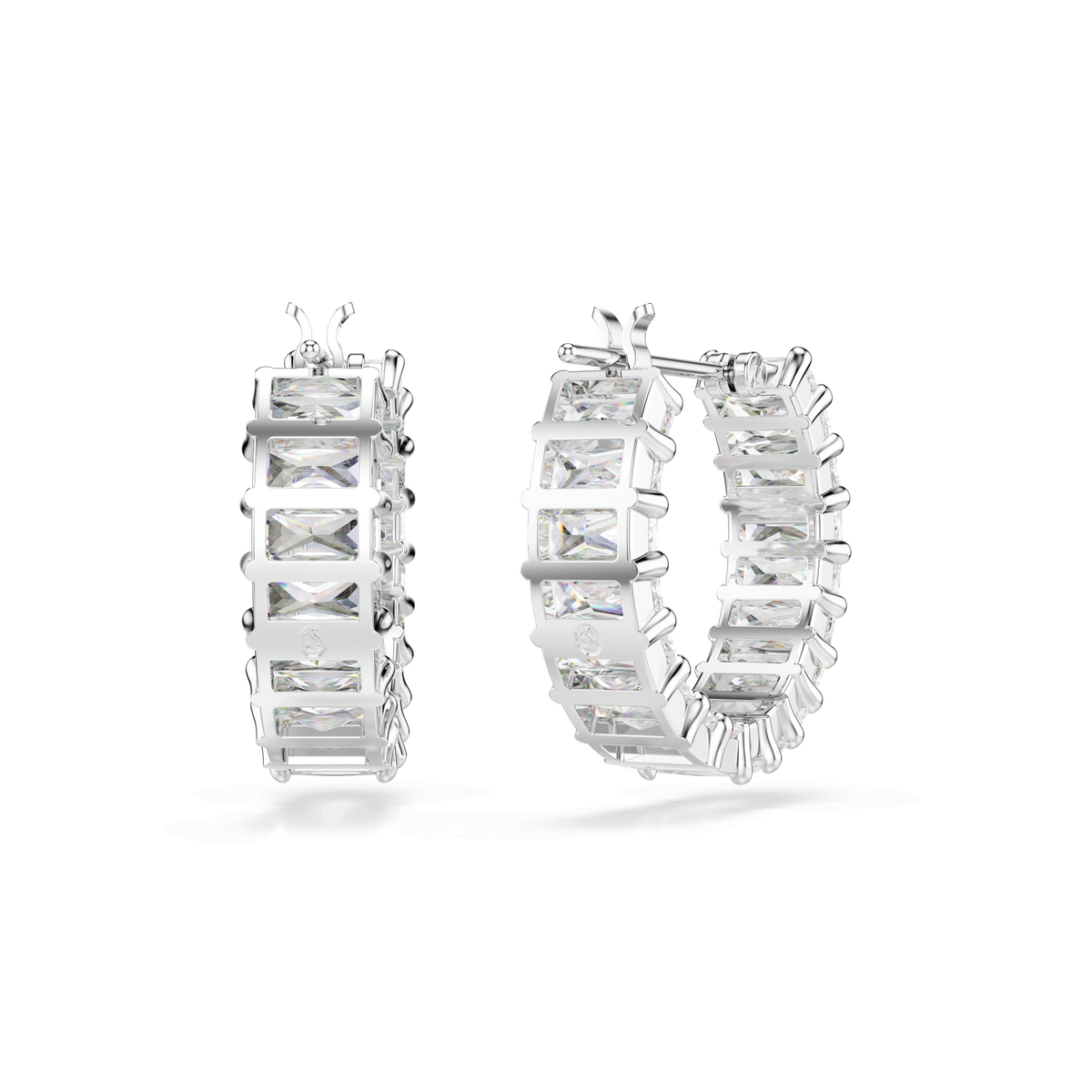 A pair of Swarovski Matrix hoop earrings, featuring baguette-cut clear Swarovski Zirconia gemstones set along the outer edge and plated in rhodium, displayed against a white background.