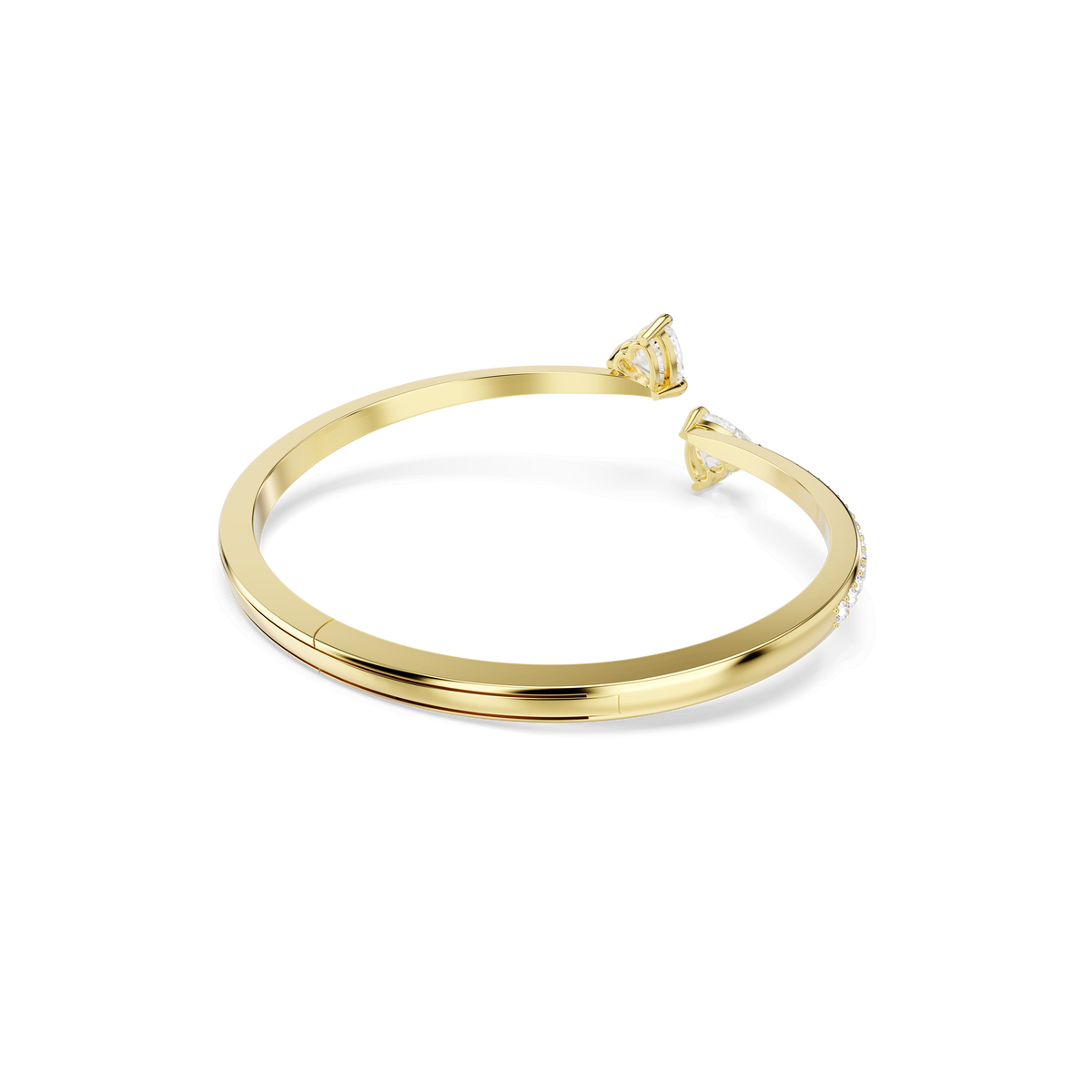 The Swarovski Mesmera Heart bangle, crafted with an elegant 18K gold finish and adorned with heart-shaped white accents at each open end, is showcased against a plain white background.
