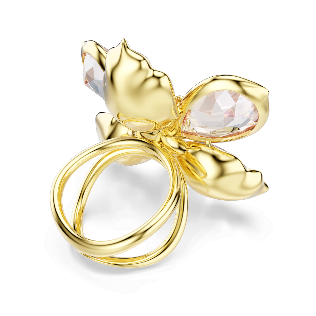 The Swarovski Idyllia Ring PINK MUL/GOS 58 showcases a floral-inspired design with three prominent, petal-shaped prongs, each cradling a sparkling faceted gemstone that exemplifies Swarovski’s renowned craftsmanship. Set on a sleek double band, this exquisite piece beautifully embodies the elegance synonymous with the Swarovski brand.