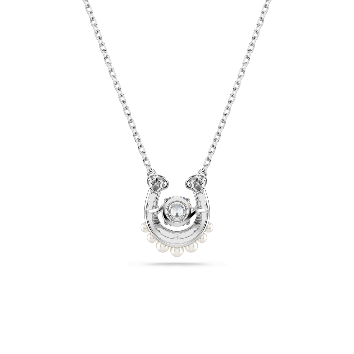 The Swarovski Symbolica pendant is a rhodium plated necklace featuring a horseshoe-shaped pendant adorned with round-cut pavé accents, a central clear gemstone, and Swarovski Crystal Pearls along the lower edge, shown against a white background.