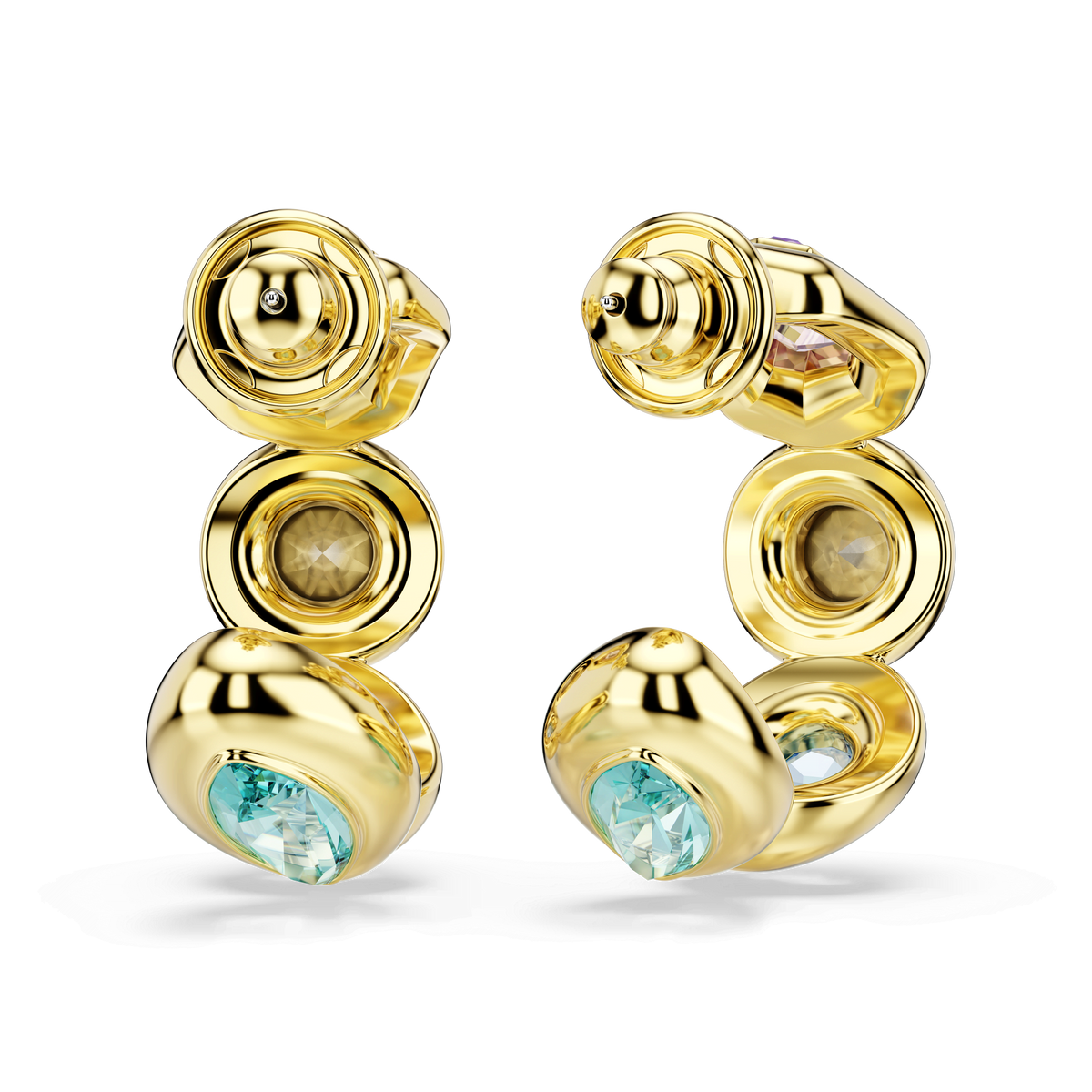 Introducing the Swarovski Gema hoop earrings—these modern, sculptural earrings showcase mixed-cut multicolored gemstones and sparkling Swarovski crystals, all set in a smooth, polished 18K gold finish. Elegantly displayed on a light background, the stunning design reflects Swarovski’s signature brilliance.