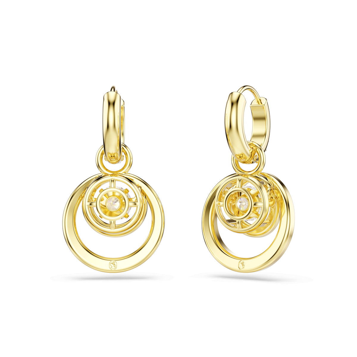 Swarovski Hyperbola drop earrings with a round cut and 18K gold finish, featuring concentric circular designs and a central white stone, beautifully displayed on a plain white background.