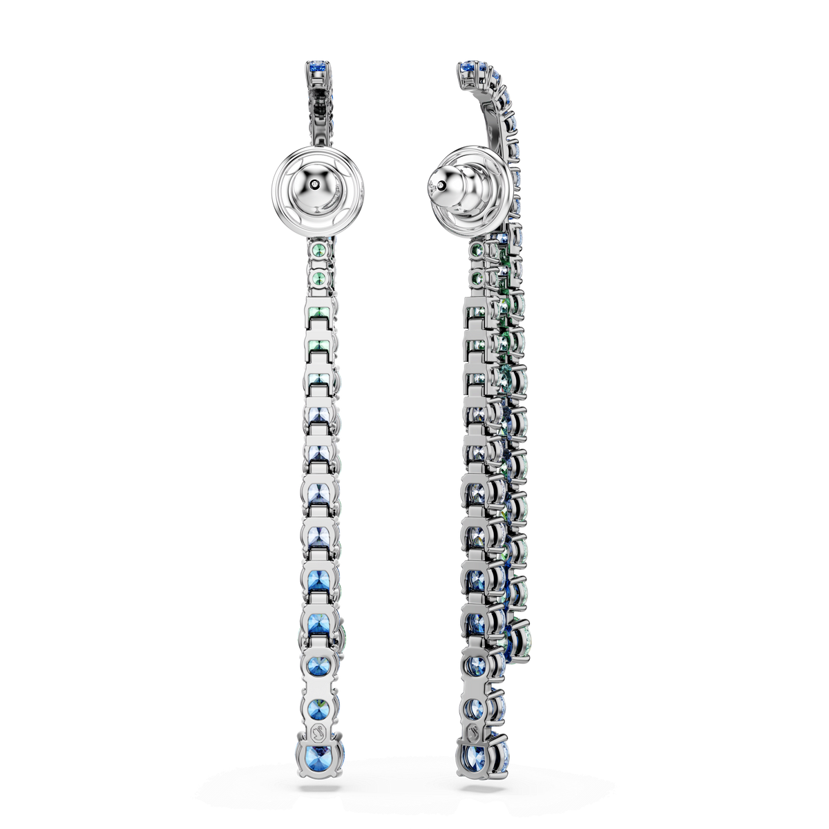 A pair of Swarovski Matrix drop earrings by Swarovski, featuring a gradient of multicolored round cuts in a linear design and finished with ruthenium plating, are shown from the front and side against a white background.