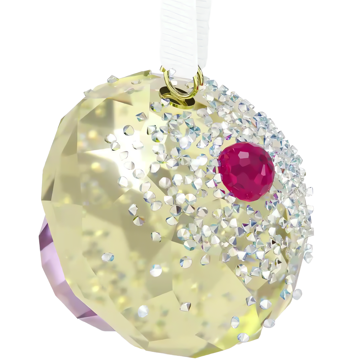 Introducing the Swarovski Holiday Cheers Dulcis Cupcake Ornament by Swarovski: a round, faceted ornament adorned with sparkling gold and clear surfaces, shimmering crystals with the dazzling Aurora Boreale effect, a vibrant pink gem at its center reminiscent of a crystal cherry, and finished with a white ribbon for hanging.