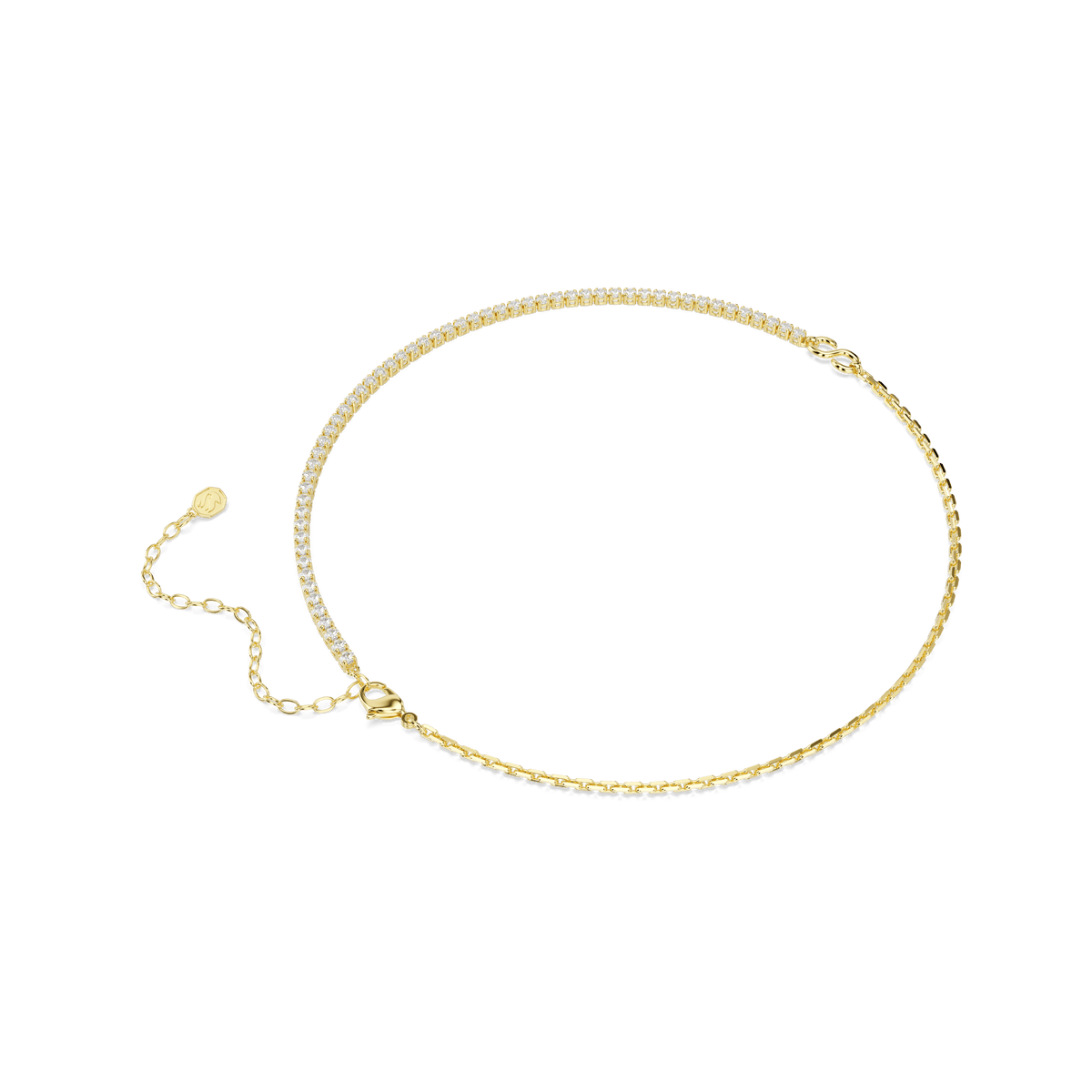 The Swarovski Matrix necklace, featuring a round cut pendant and an 18K gold finish in a subtle DNA-inspired design with an adjustable clasp and a small round charm at the end of the extender, is displayed on a white background.