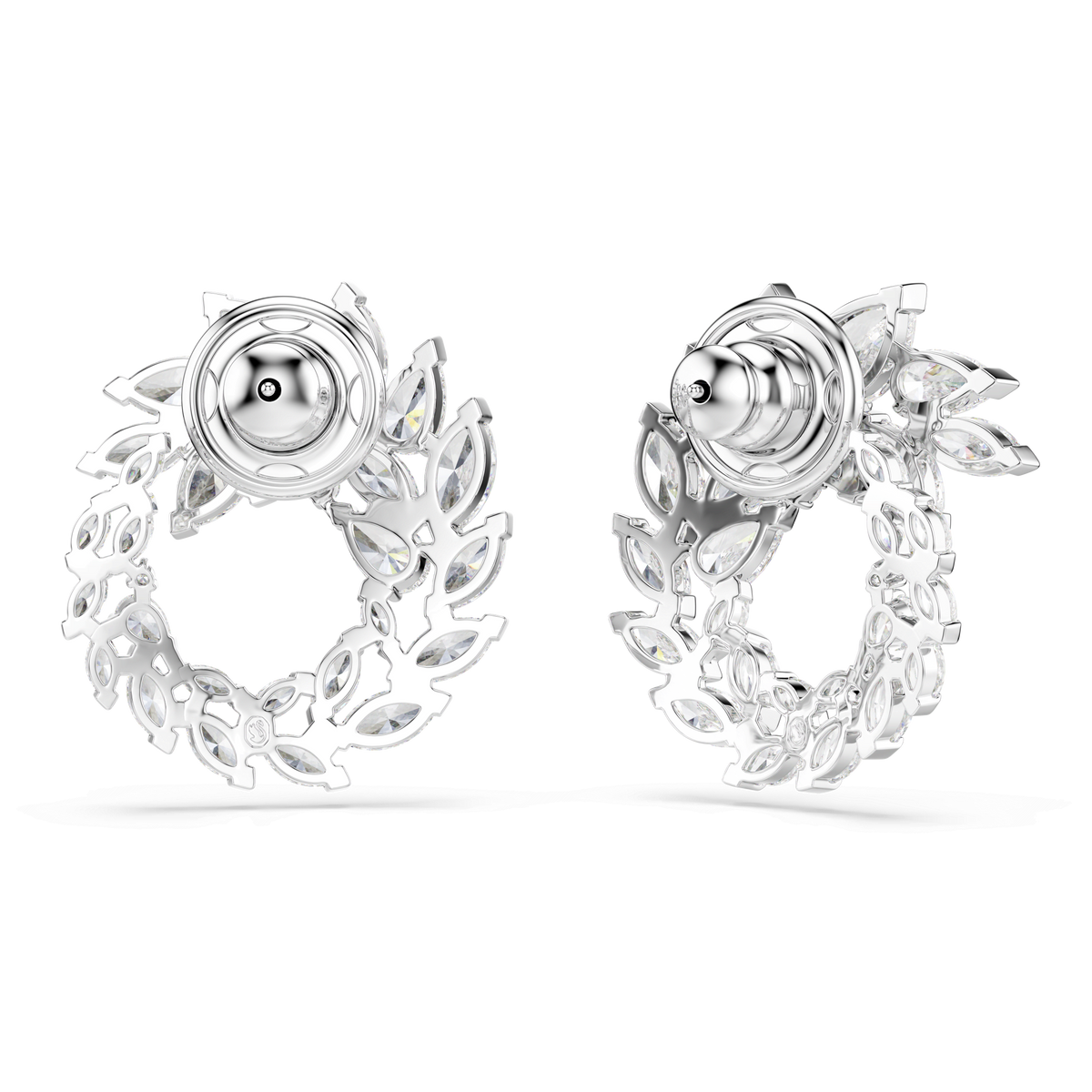 A pair of Swarovski Mesmera hoop earrings, featuring a marquise cut and white Swarovski Zirconia gemstones set in rhodium plating, elegantly displayed on a plain white background—perfect for those seeking sophisticated statement jewelry.