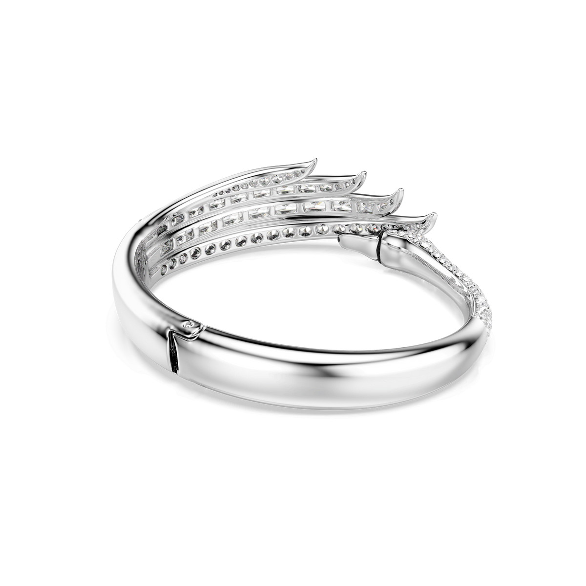The Swarovski Vienna bangle, featuring mixed cuts and a signature Swan motif with sparkling white Swarovski Zirconia accents, is elegantly showcased against a white background.