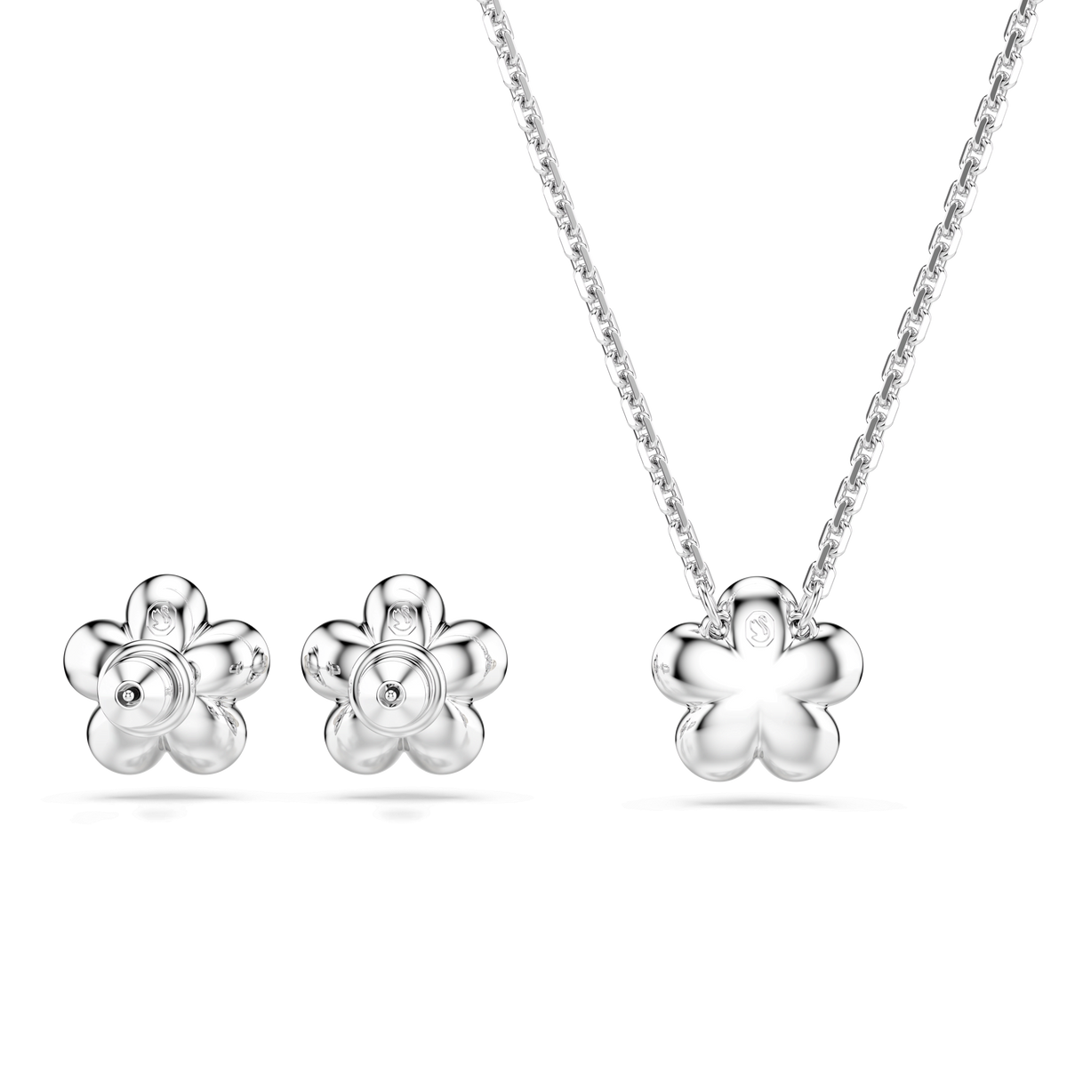 The Swarovski Ariana Grande x Swarovski set features a crystal pearl and round cut flower design in white, elegantly rhodium plated. The stud earrings and matching pendant necklace from Swarovski are beautifully displayed on a white background—an exquisite jewelry set, perfect for any occasion.