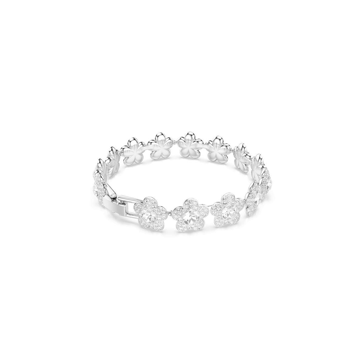 A refined Swarovski Ariana Grande x Swarovski bracelet, exquisitely rhodium plated, features a repeating pattern of round cut white crystal flowers. Each blossom sparkles at the center, creating an intricate and elegant design set against a plain, light background—an exquisite accessory that embodies the essence of everyday luxury.