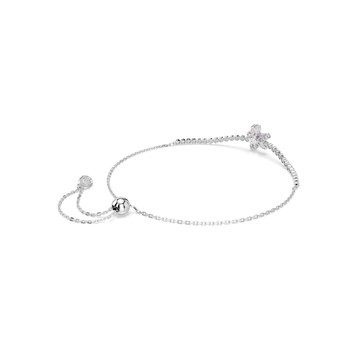 The Swarovski Ariana Grande x Swarovski bracelet features mixed cuts in a delicate flower design, crafted in rhodium plate with multicolored accents, and is displayed on a white background.