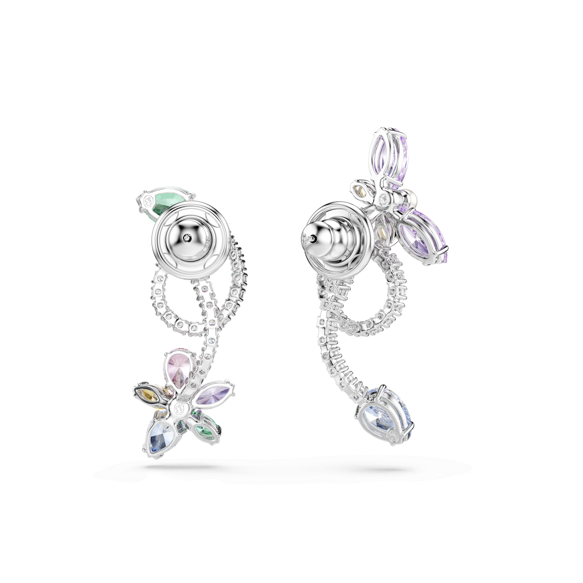 A pair of Swarovski Ariana Grande x Swarovski drop earrings with ear jacket, crafted in rhodium plating and adorned with mixed-cut, multicolored gemstones in dragonfly and floral shapes, accented with sparkling Swarovski Zirconia, displayed on a plain white background.