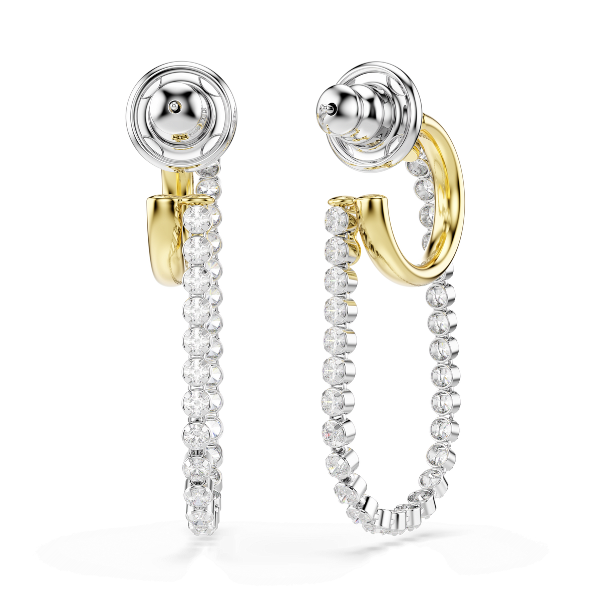 A pair of Swarovski Hyperbola earrings in a mixed metal finish, featuring round-cut white Swarovski Zirconia gemstones set along elegant gold and silver curves, displayed against a plain white background.