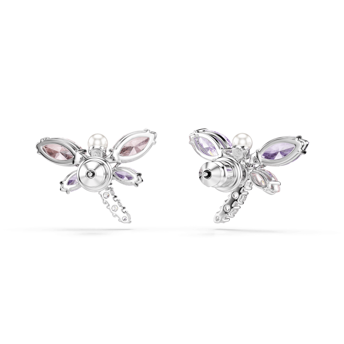 Swarovski Ariana Grande x Swarovski stud earrings feature a dragonfly design with multicolored mixed-cut wings, rhodium plating, and sparkling Swarovski Zirconia accents, elegantly displayed on a white background.