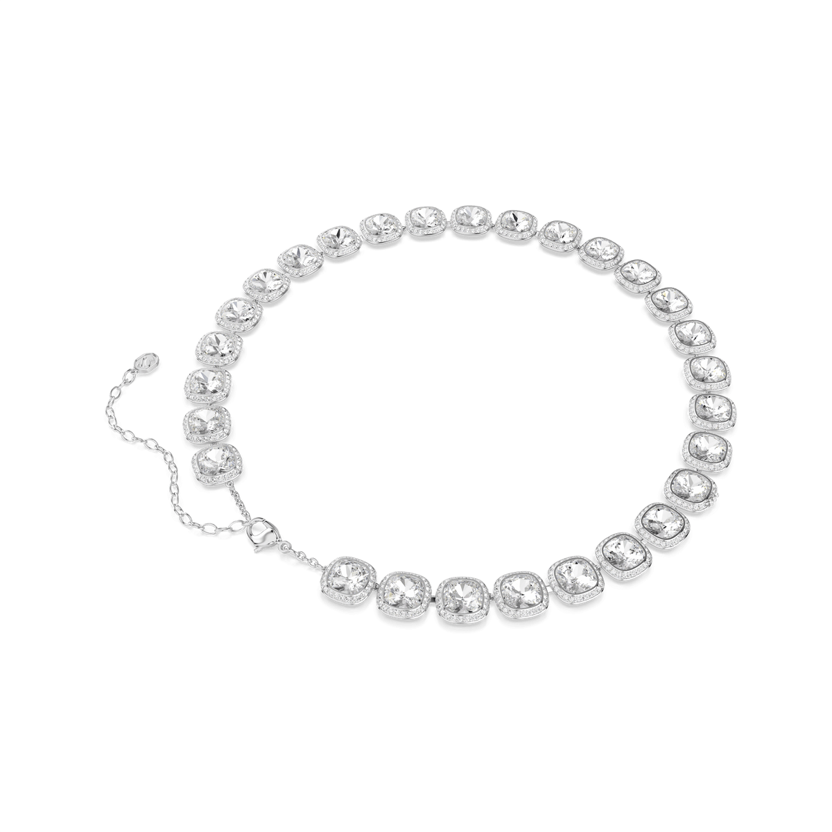 The Swarovski Una Angelic necklace features cushion-cut, white Swarovski crystals set in rhodium-plated bezels, with an adjustable chain and clasp. The necklace is elegantly displayed on a white background.