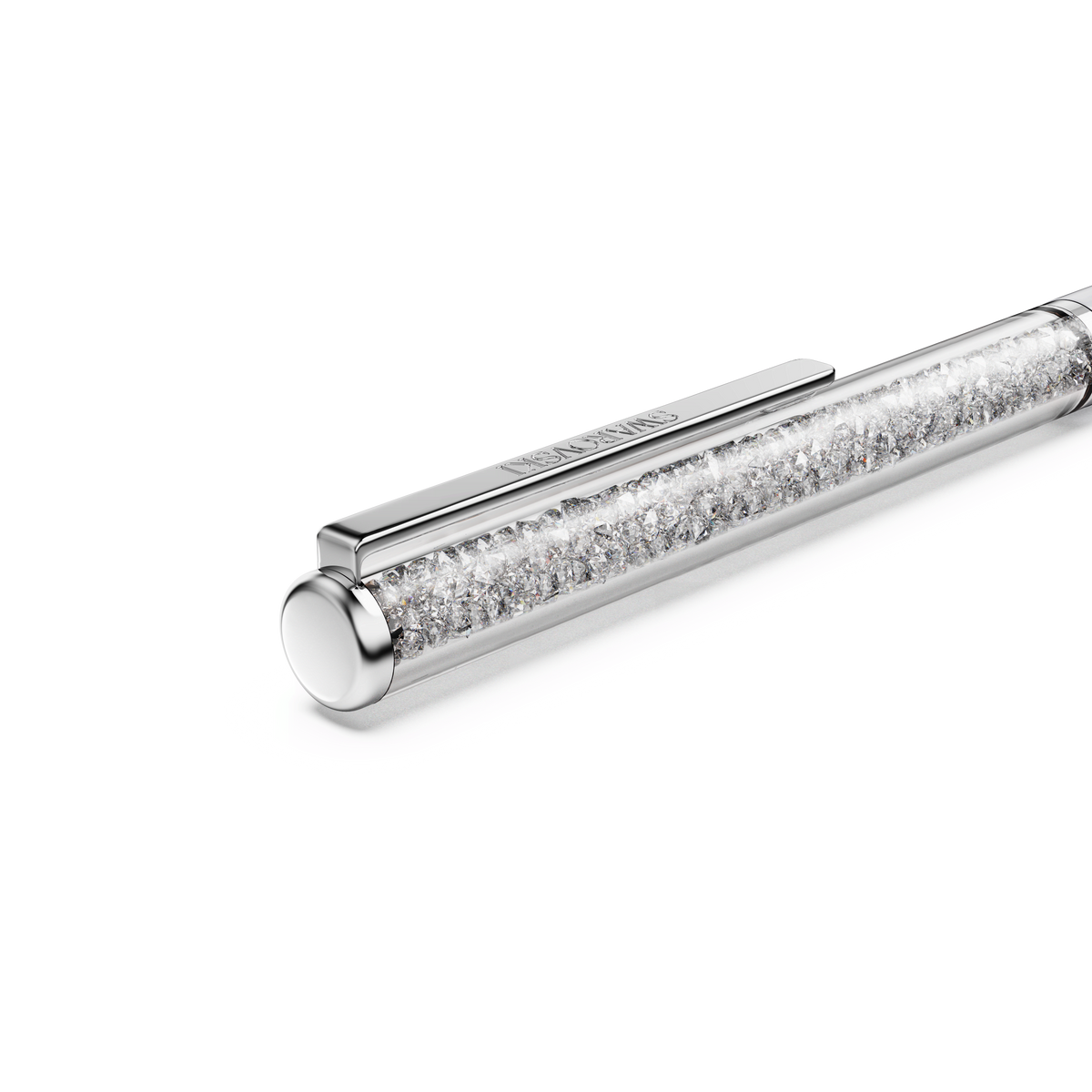 A close-up of the Swarovski SS CRYSTALLINE:BP PEN CRY/GRY/SIS by Swarovski, filled with sparkling crystals and featuring a clip on the cap, photographed against a plain white background.