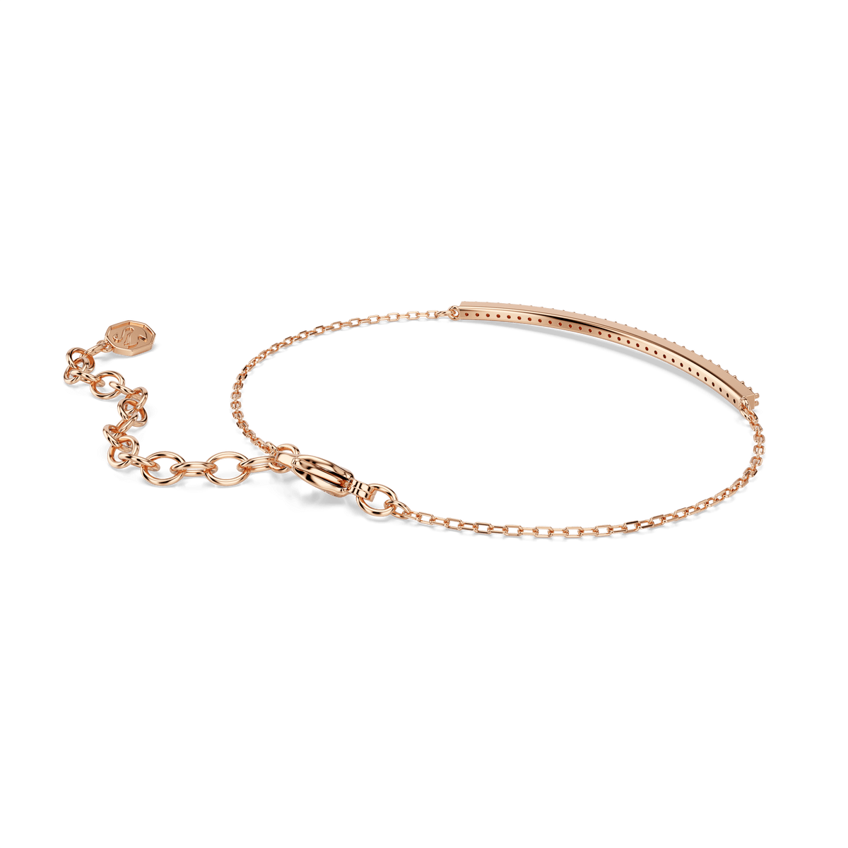 Adorn your wrist with the Swarovski Only bracelet, a refined piece featuring a slender, curved bar with round-cut pink crystals and an adjustable 18K rose gold finish chain. An elegant Swarovski charm at the end adds subtle sparkle, making this bracelet a graceful addition to any ensemble.