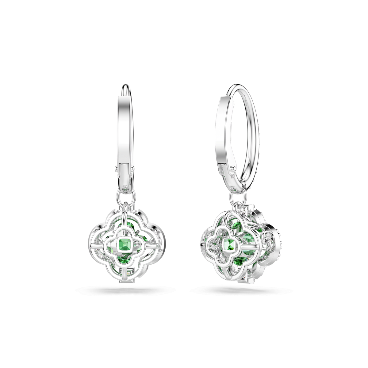 Swarovski Una Angelic drop earrings, featuring clover-inspired pendants with green mixed-cut gemstones at the center and a rhodium-plated finish, displayed on a plain white background.