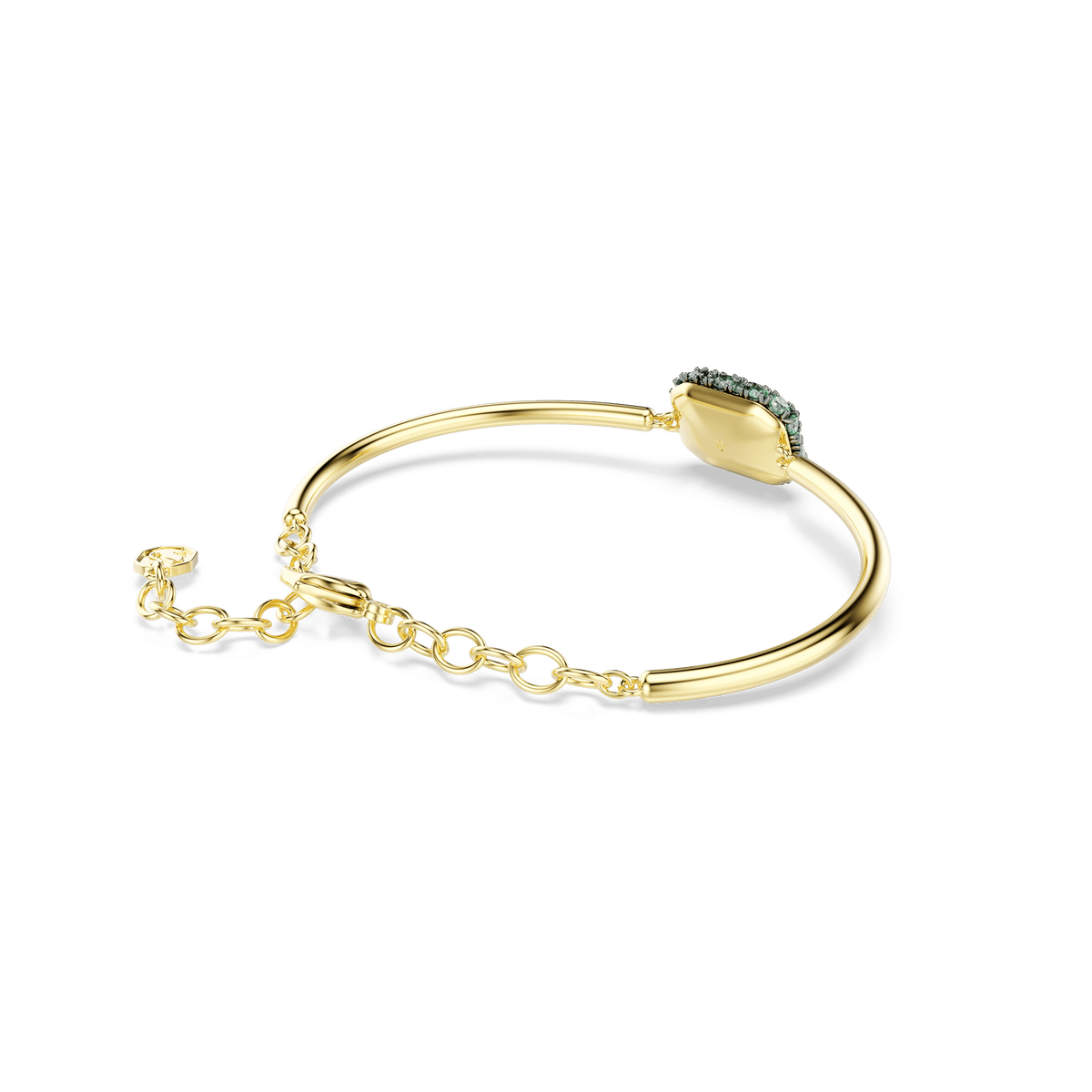 Swarovski Sublima bangle, featuring an octagon-cut green Swarovski Zirconia and finished in 18K gold, with an adjustable chain and clasp, displayed on a white background. This elegant piece from Swarovski adds a bold statement to any look.