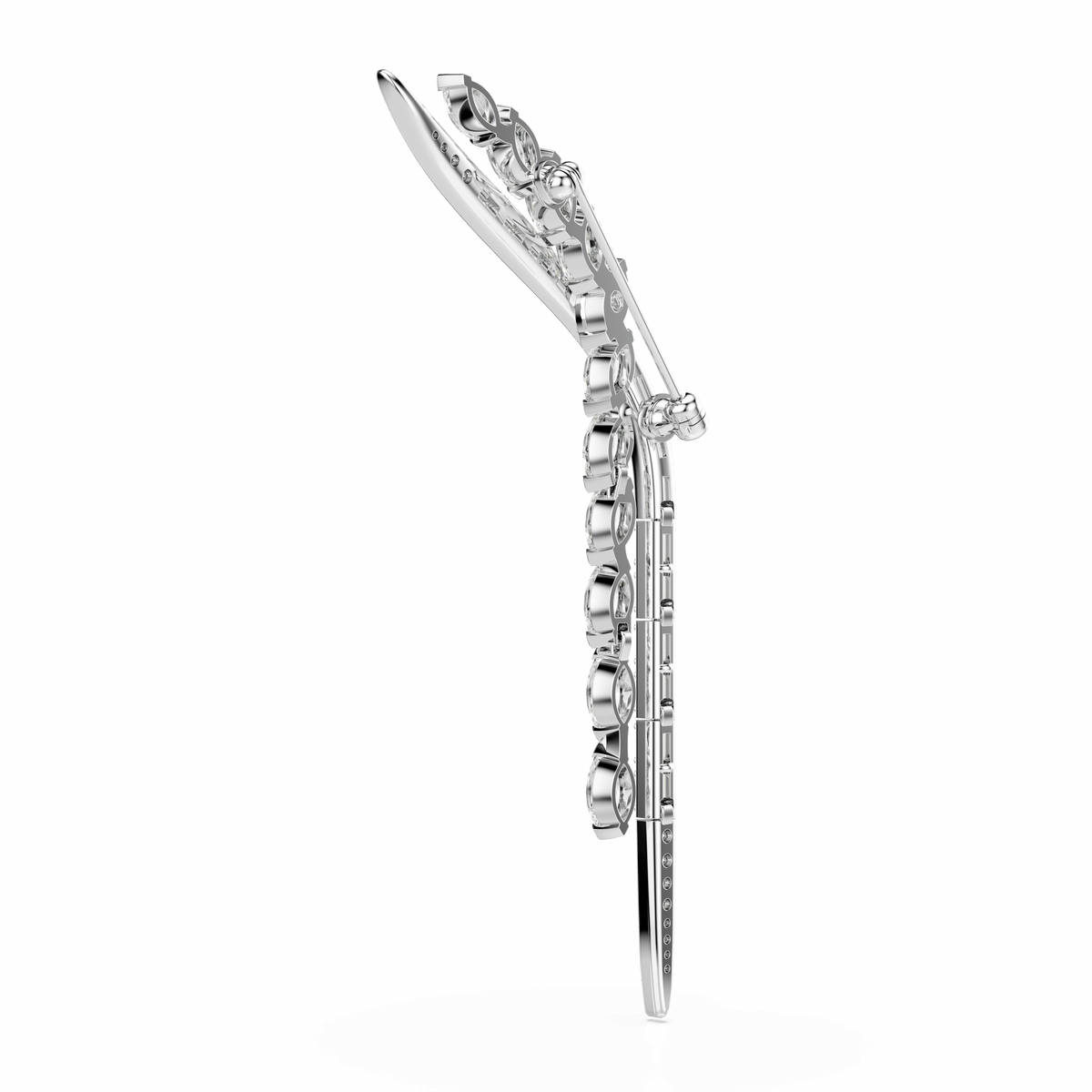 Side view of the Swarovski Mesmera brooch featuring mixed-cut white stones, elegantly set in rhodium-plated metal and displayed on a white background. The brooch showcases a secure fastening and a smooth, polished finish with precisely arranged stones, creating an eye-catching accessory perfect for any occasion.