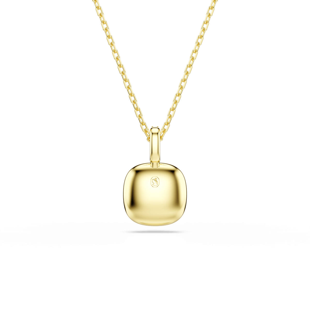 Swarovski Una Angelic pendant necklace, featuring a modern cushion-cut design with a white stone and sparkling diamond accent at the top center, finished in 18K gold and displayed on a plain white background.