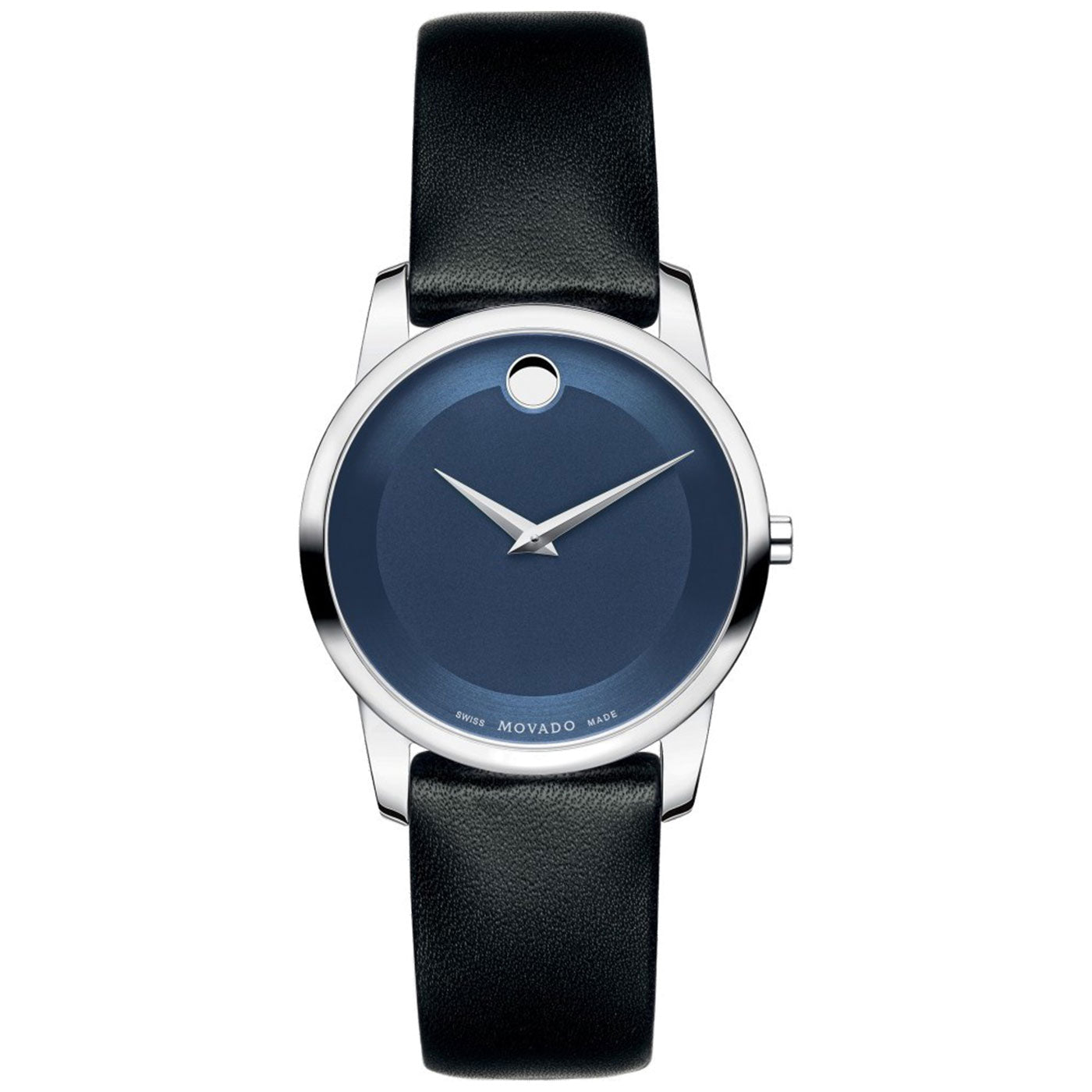 Experience elegance in simplicity with the Movado Museum Classic Quartz 28mm Watch. This minimalist timepiece from Movado features a silver case and black leather strap, complemented by a dark blue dial that forgoes numerals. Silver hands gracefully tick around the face, highlighted only by a single dot at the 12 o'clock position.