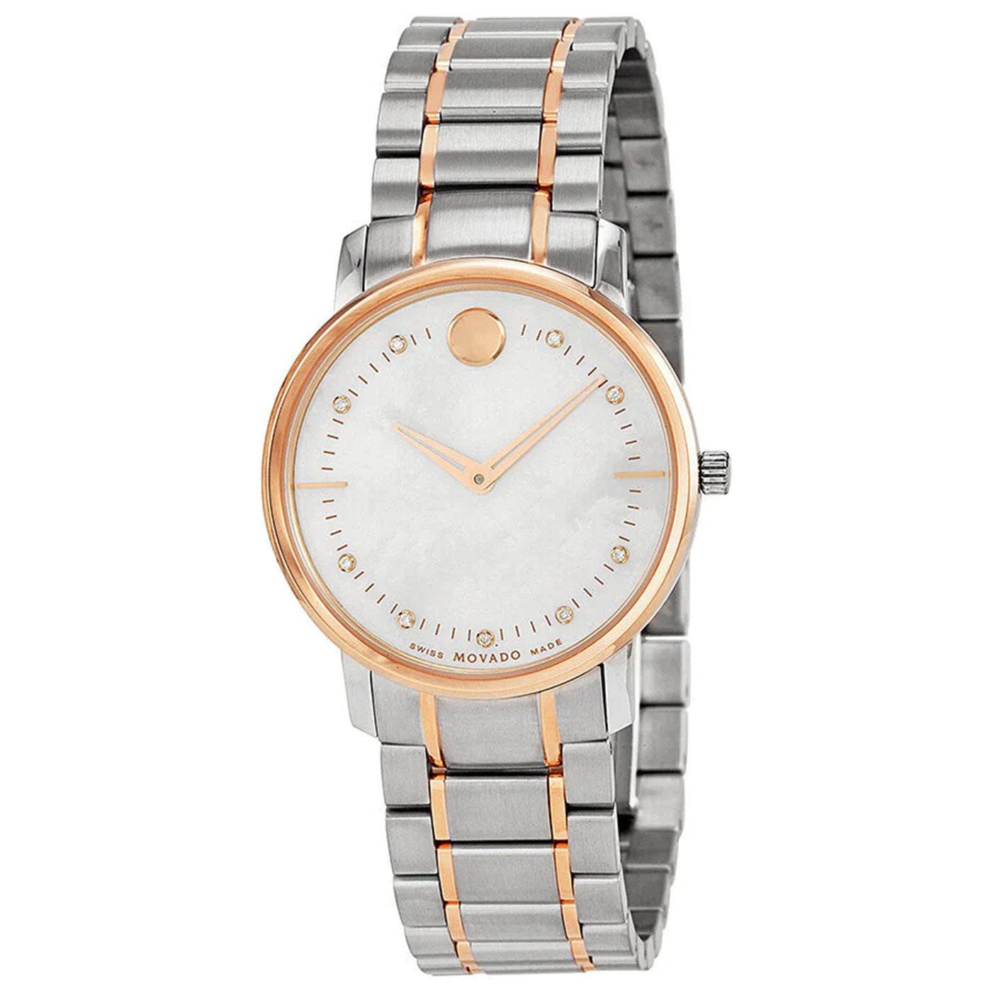 The Movado Sportivo Quartz 28mm Watch by Movado is a stylish wristwatch featuring a silver and gold-tone metal link band. It boasts a round dial with a minimalist design, a white face, gold accents, and a single gold dot at the 12 o'clock position.