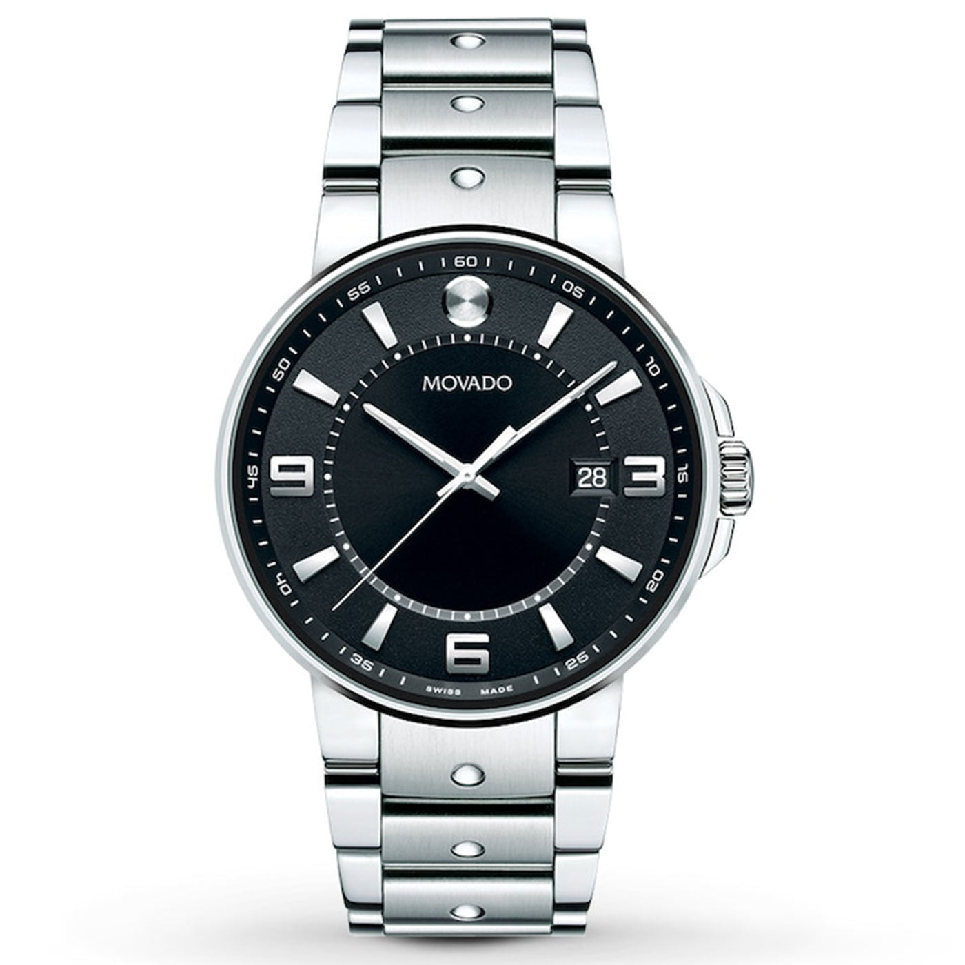 Movado introduces the Pilot Quartz 40mm watch, showcasing a sleek black dial with a minimalist design. It features a date display at the 3 o'clock position, complemented by silver hour markers and two silver hands. The bracelet is crafted from polished stainless steel.