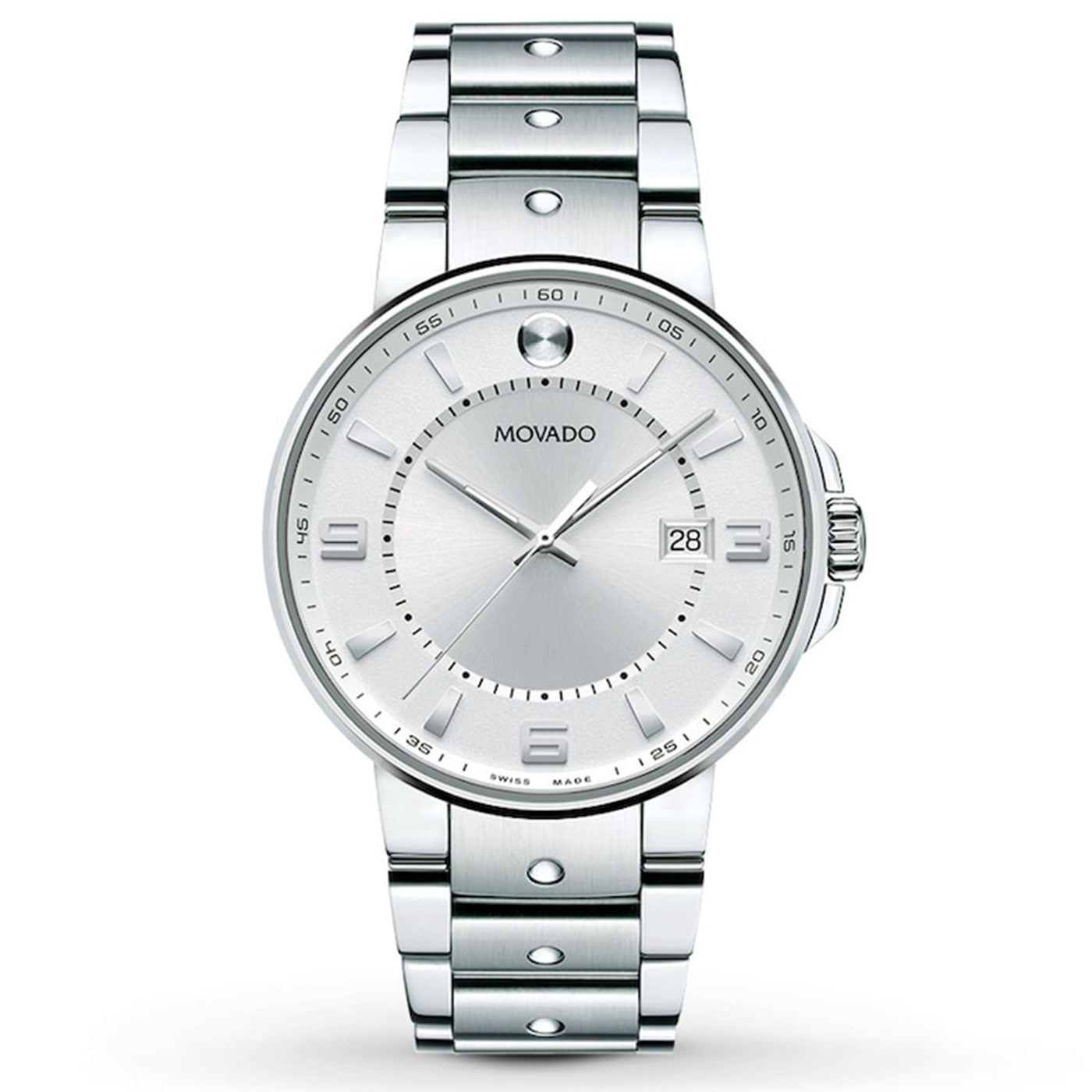 The Movado Museum Classic Quartz 42mm Watch, crafted in stainless steel by Movado, showcases a silver dial with a minimalist design. It features hour markers, a date window at the 3 o'clock position, and is complemented by a metal link bracelet. This watch seamlessly embodies modern elegance through its polished aesthetic.