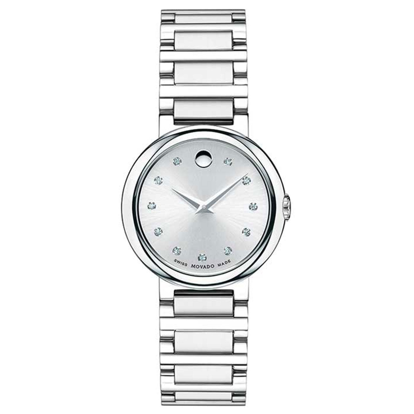 The Movado Concerto Quartz 26.5mm Watch by Movado is a sleek silver watch with a minimalist design, featuring a round face with a single dot at the 12 o'clock position and sparkling hour markers. Its band is a polished metal link bracelet.