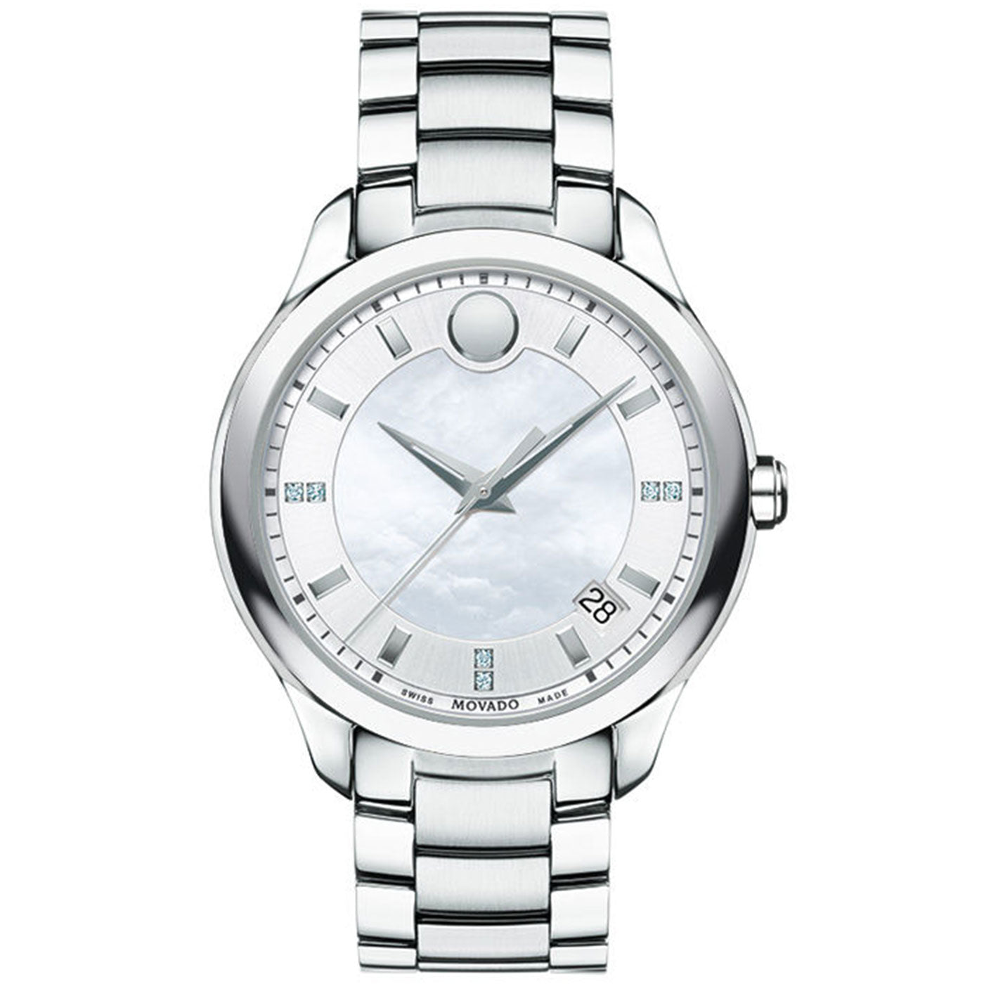 The Movado BOLD 2.0 Quartz 36mm Watch features a silver stainless steel bracelet, white dial, minimalistic hour markers, a date window at 3 o'clock, and Movado’s signature single dot at 12 o'clock.