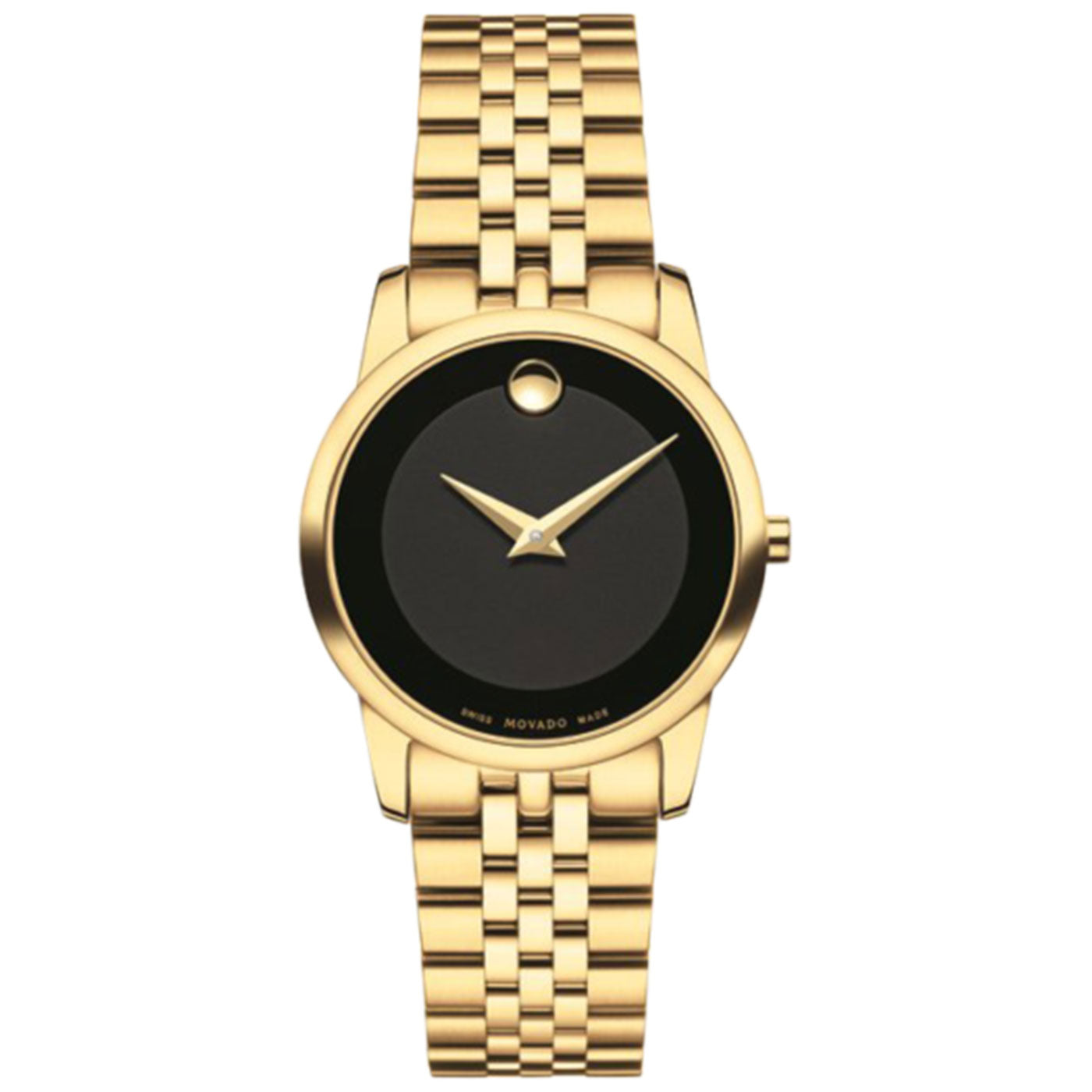 The Movado Museum Classic Quartz 28mm Watch by Movado is a gold wristwatch featuring a round black face, minimalist gold hour and minute hands, and a distinctive single dot at the 12 o'clock position. It is completed with a gold link bracelet.