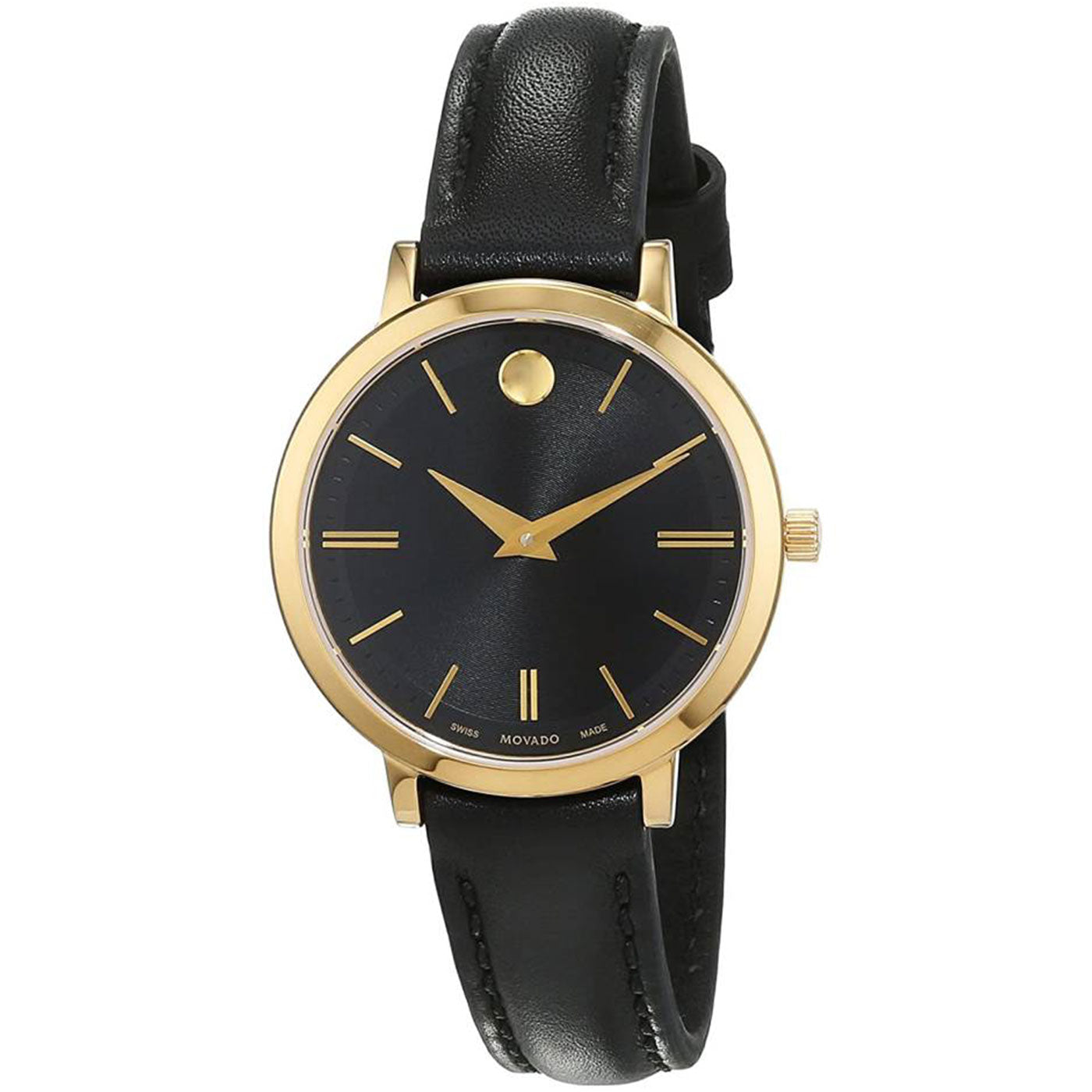 The Movado Thin Classic Quartz 30mm Watch showcases a sleek design with a black leather strap and a minimalist black dial. Gold-tone hands and hour markers, without numerals, enhance its elegance, while the gold watch casing adds a sophisticated touch. This timepiece from Movado is a timeless accessory for any occasion.