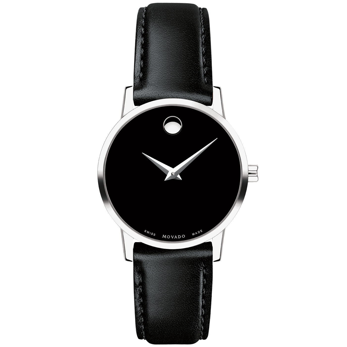 The Movado Museum Classic Quartz 28mm Watch by Movado is a minimalist wristwatch featuring a black leather strap and a black round face. It displays silver hands and includes a single silver dot at the 12 o'clock position on its dial. The watch has a silver case with no numerals or additional markings present.
