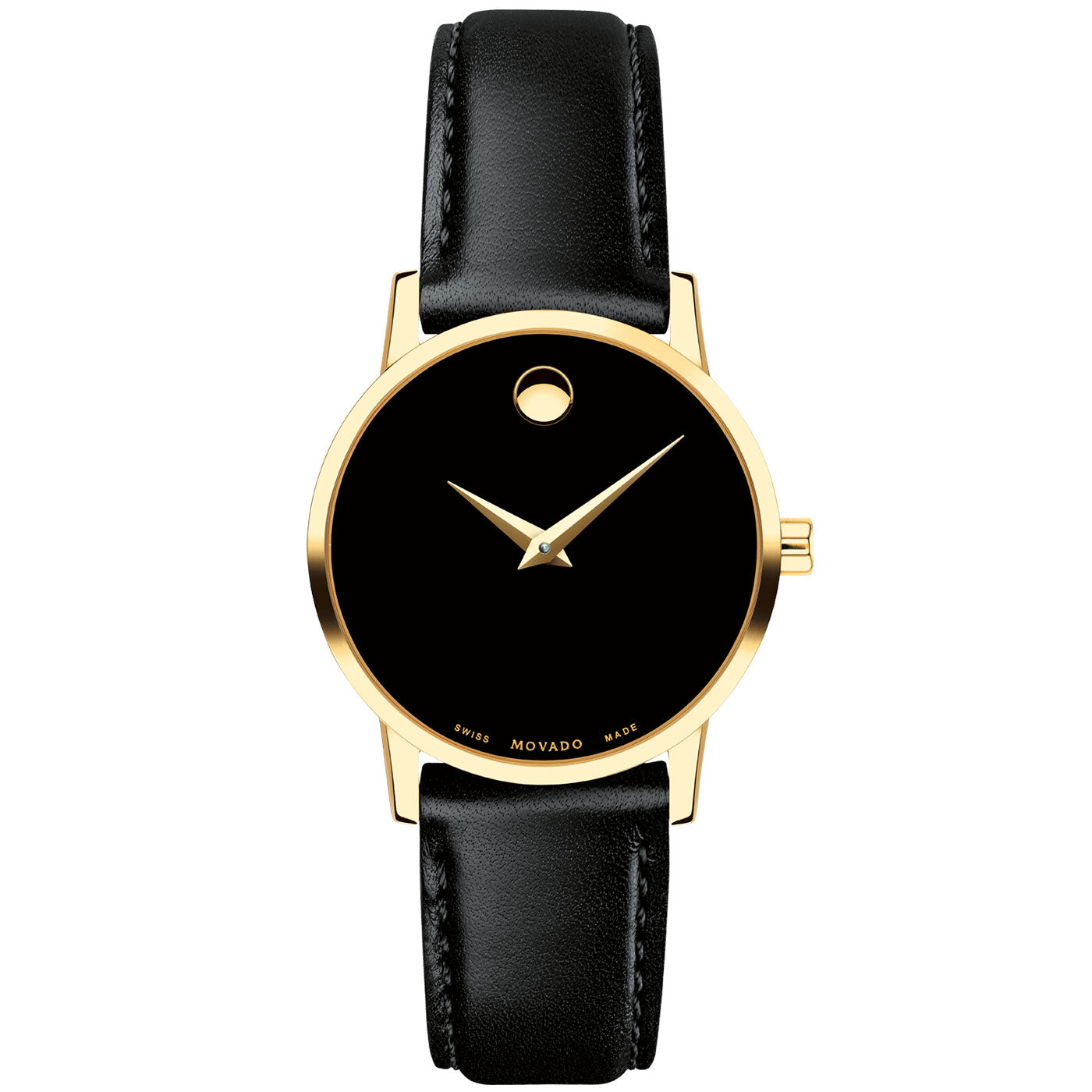 Introducing the Movado Museum Classic Quartz 28mm Watch, a sophisticated timepiece with a minimalist design. This elegant wristwatch features a sleek black face adorned with two gold hands and a single dot marking the 12 o'clock position, encased in luxurious gold. The stylish black leather strap adds to its refined appearance, embodying both sophistication and elegance. Crafted by Movado, it exemplifies timeless artistry in horology.
