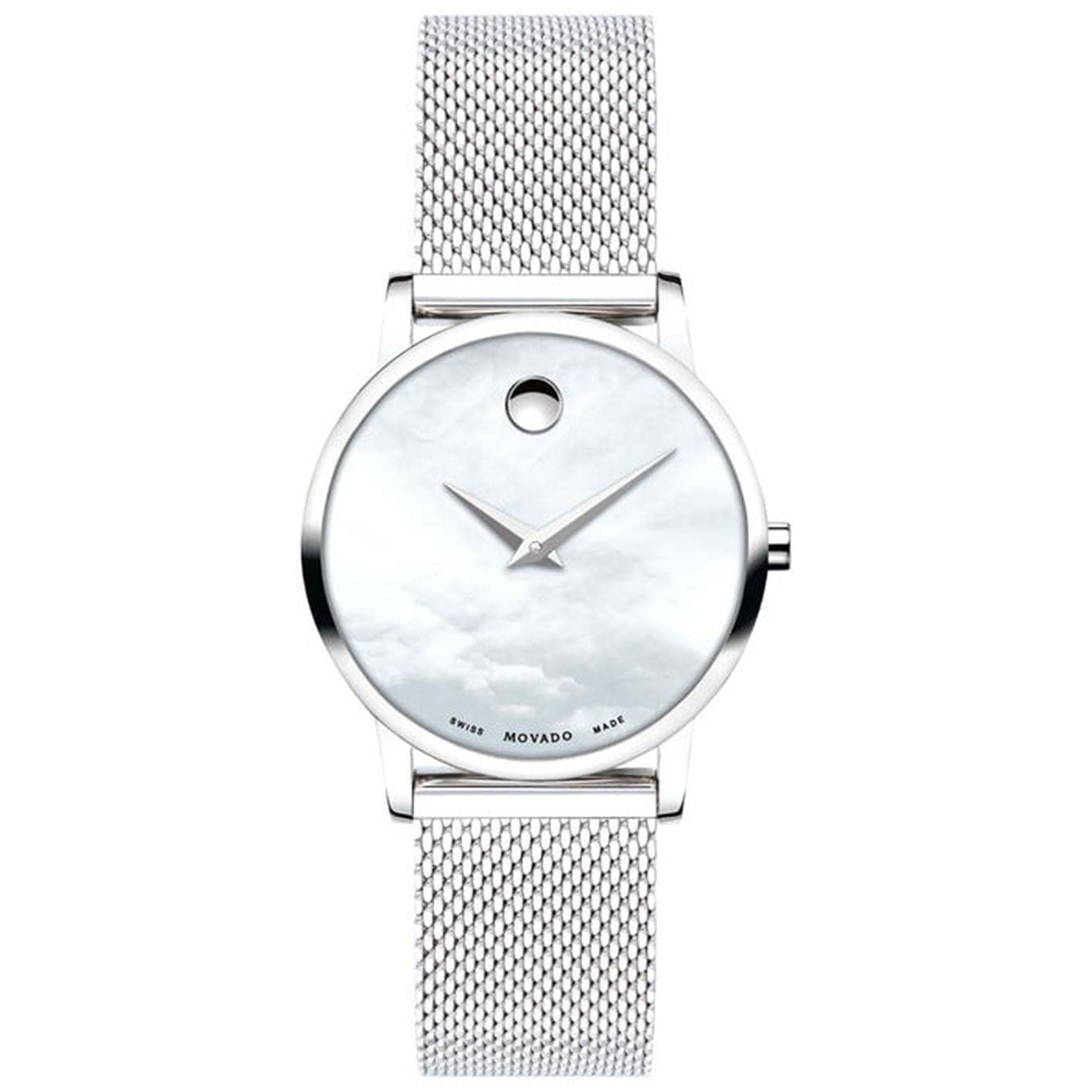 Introducing the Movado Museum Classic Quartz 28mm Watch by Movado: a minimalist timepiece featuring a silver mesh band and a round, white face. It showcases a single dot at the 12 o'clock position with two thin silver hands for that modern and sleek design, all while maintaining an elegant simplicity free of numbers or additional markings on the dial.