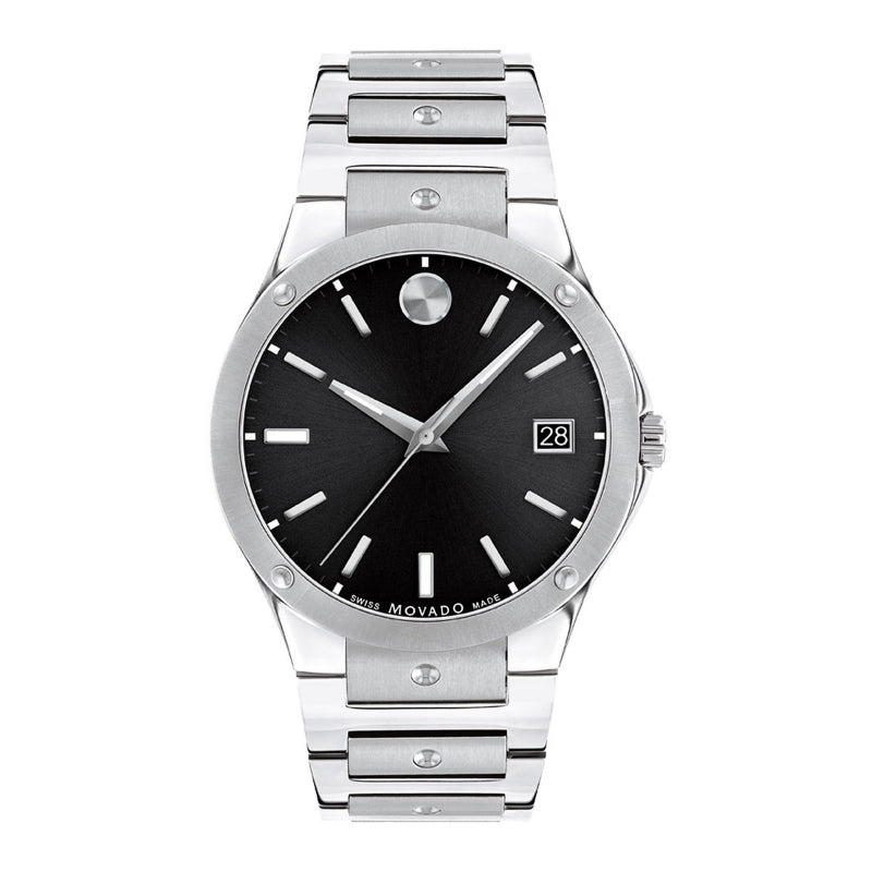 The Movado SE Quartz 41mm Watch boasts a sleek stainless steel case, black sunray dial, silver markers, date display at 3 o’clock, and a minimalist face, complemented by a timeless silver link bracelet.