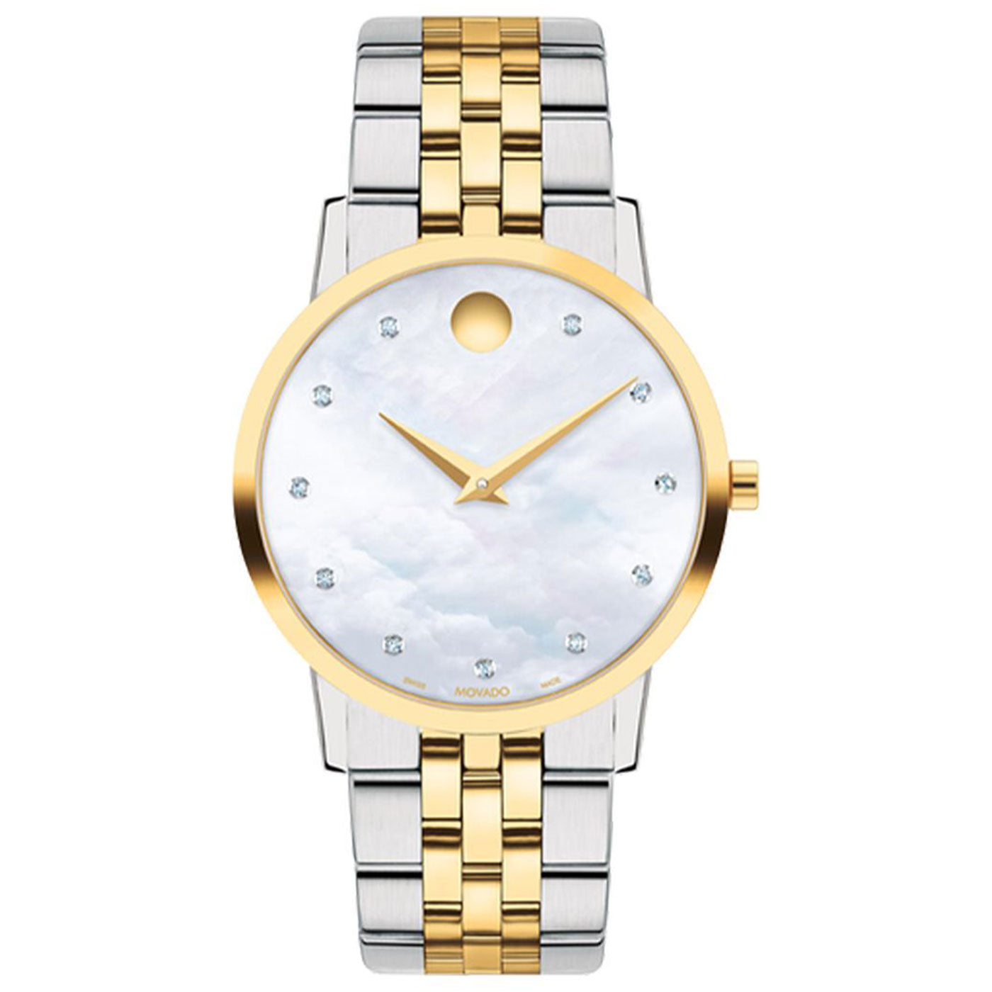 A luxurious Movado Museum Classic Quartz 29.5mm Watch featuring a round white face with gold and silver tones, minimalistic design elements, gold hour and minute hands, and a distinctive dot at the 12 o'clock position. The bracelet is elegantly crafted with alternating gold and silver links for a minimalistic touch.