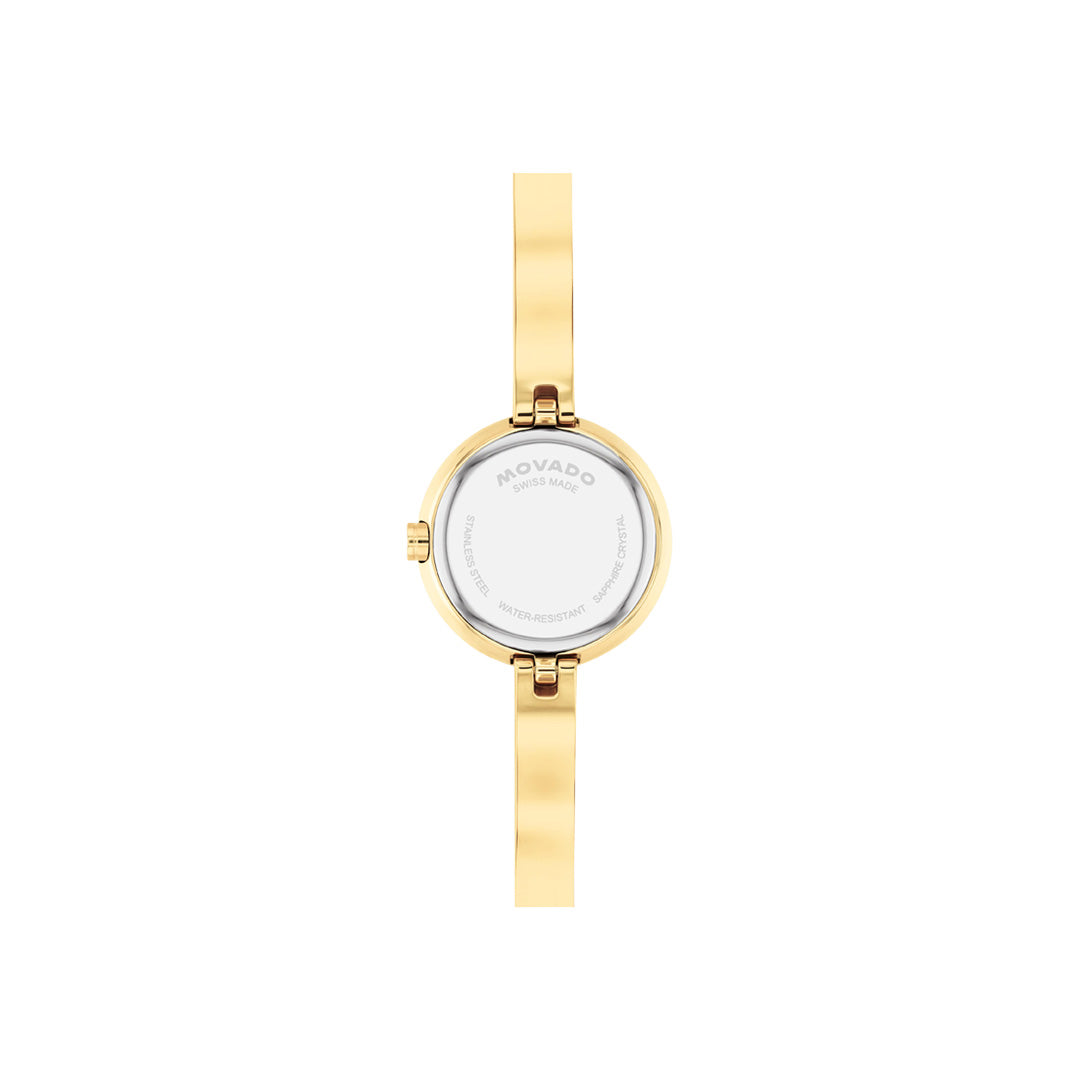 Case back of a yellow gold PVD Movado Museum Bangle Quartz 22mm Watch, showing engraved text.