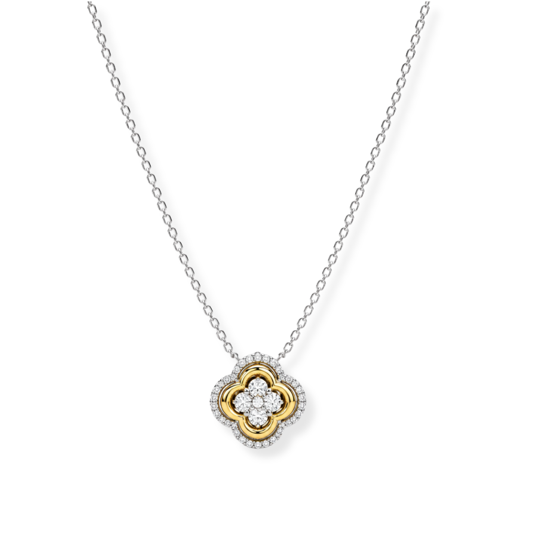 The Raffi&Co.® 14K White and Rose Gold Diamond Necklace Pendant features a refined silver chain and an elegant clover-shaped pendant adorned with gold accents, embellished with four round diamonds that provide a subtle, sparkling brilliance.