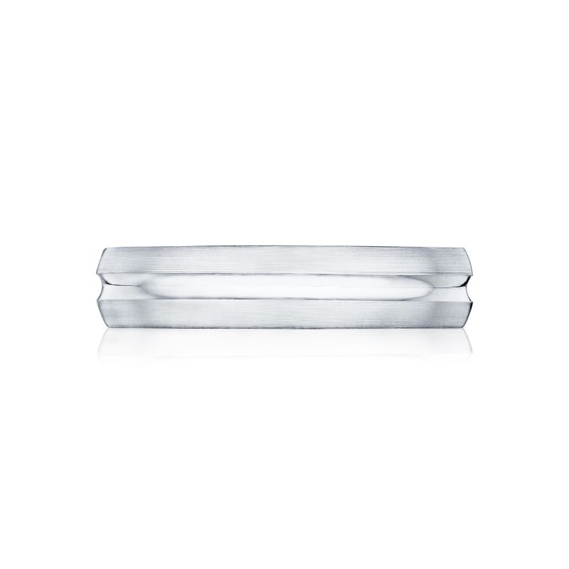 Discover the Tacori Classic Satin Finish 18K White Gold Wedding Band, a sophisticated silver engagement ring that showcases a flat, brushed metal design with gentle contours and a high-polished finish. Highlighted by eternity engraved crescents along the polished edge, it beautifully complements its white gold background.