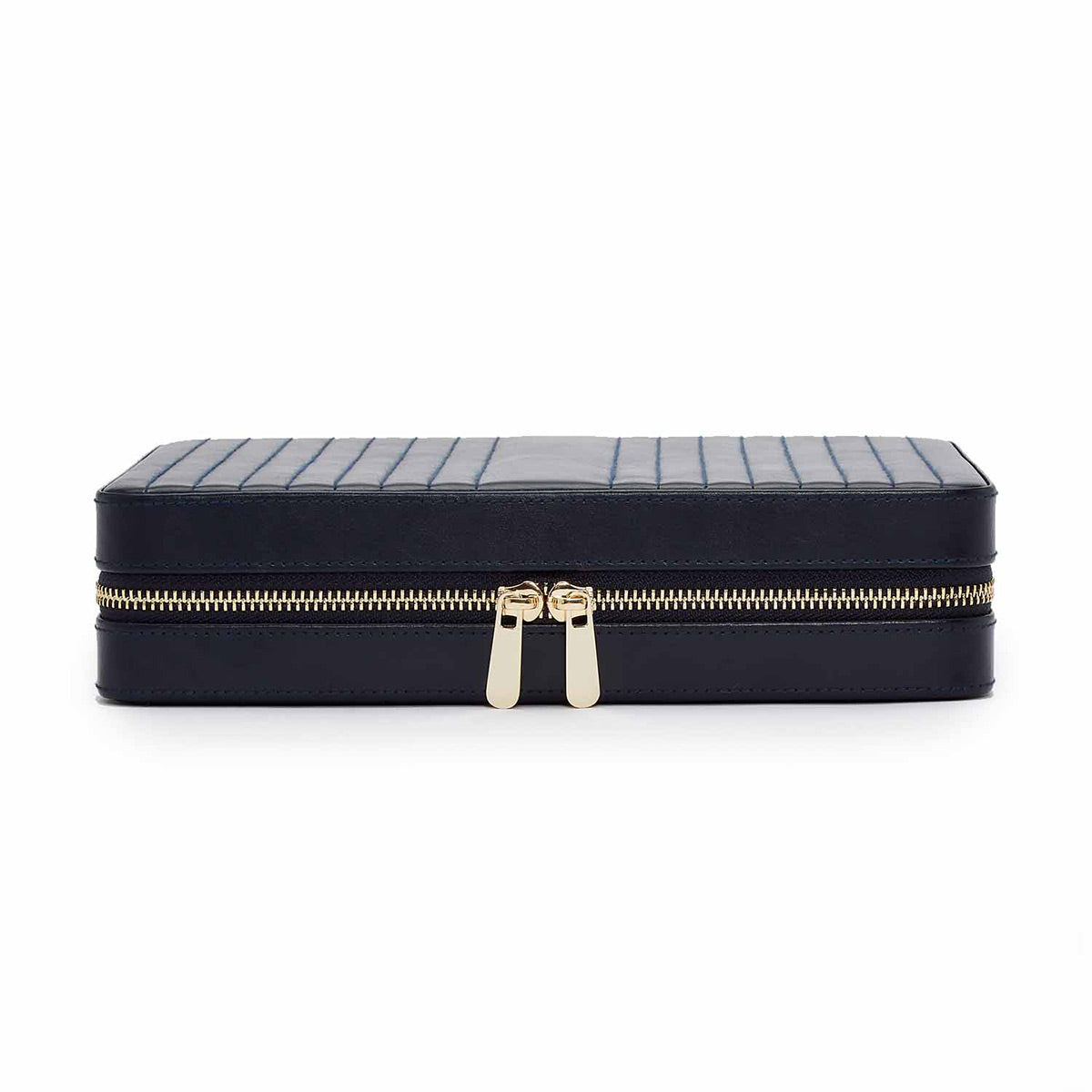 Introducing the WOLF 1834 Maria Large Zip Case by WOLF, a black rectangular leather jewelry box with a sophisticated zip closure featuring gold zipper pulls. It belongs to the elegant travel collection and boasts a stitched linear pattern on its top surface, enhancing its sleek design. With LusterLocâ„¢ technology, your jewelry remains pristine inside this exquisite case.